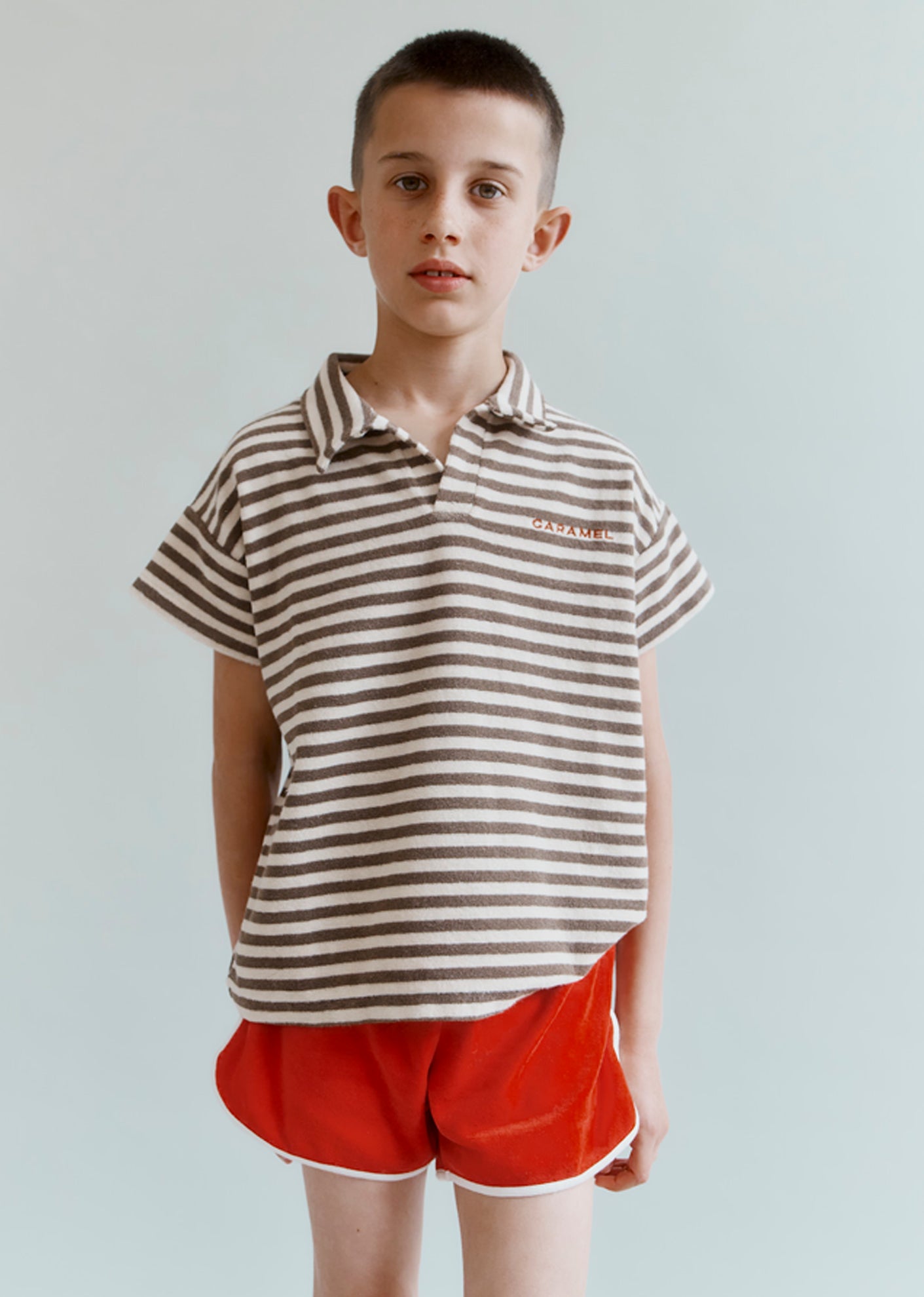 TOBIAS CHILDREN'S COTTON TOWELLING TOP - KHAKI AND ECRU STRIPE