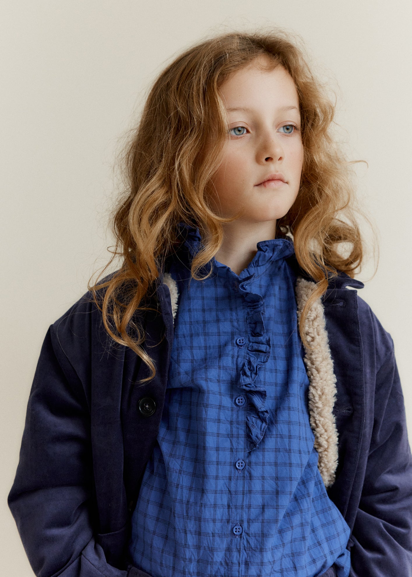 CAULIFLOWER GIRL'S COTTON BLOUSE - DENIM BLUE CHECK