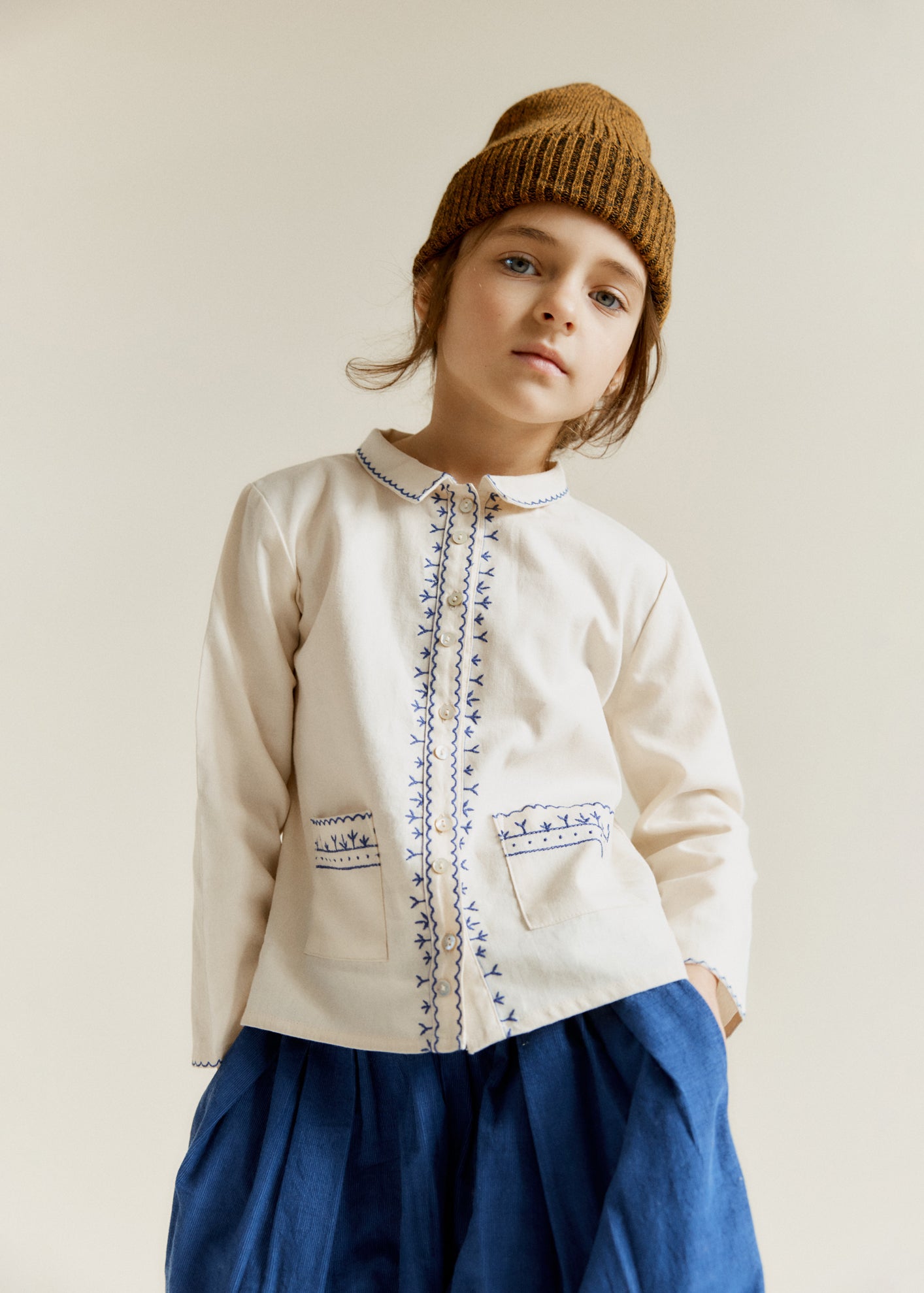 DRAGONFLY CHILDREN'S COTTON SHIRT - ECRU / BLUE