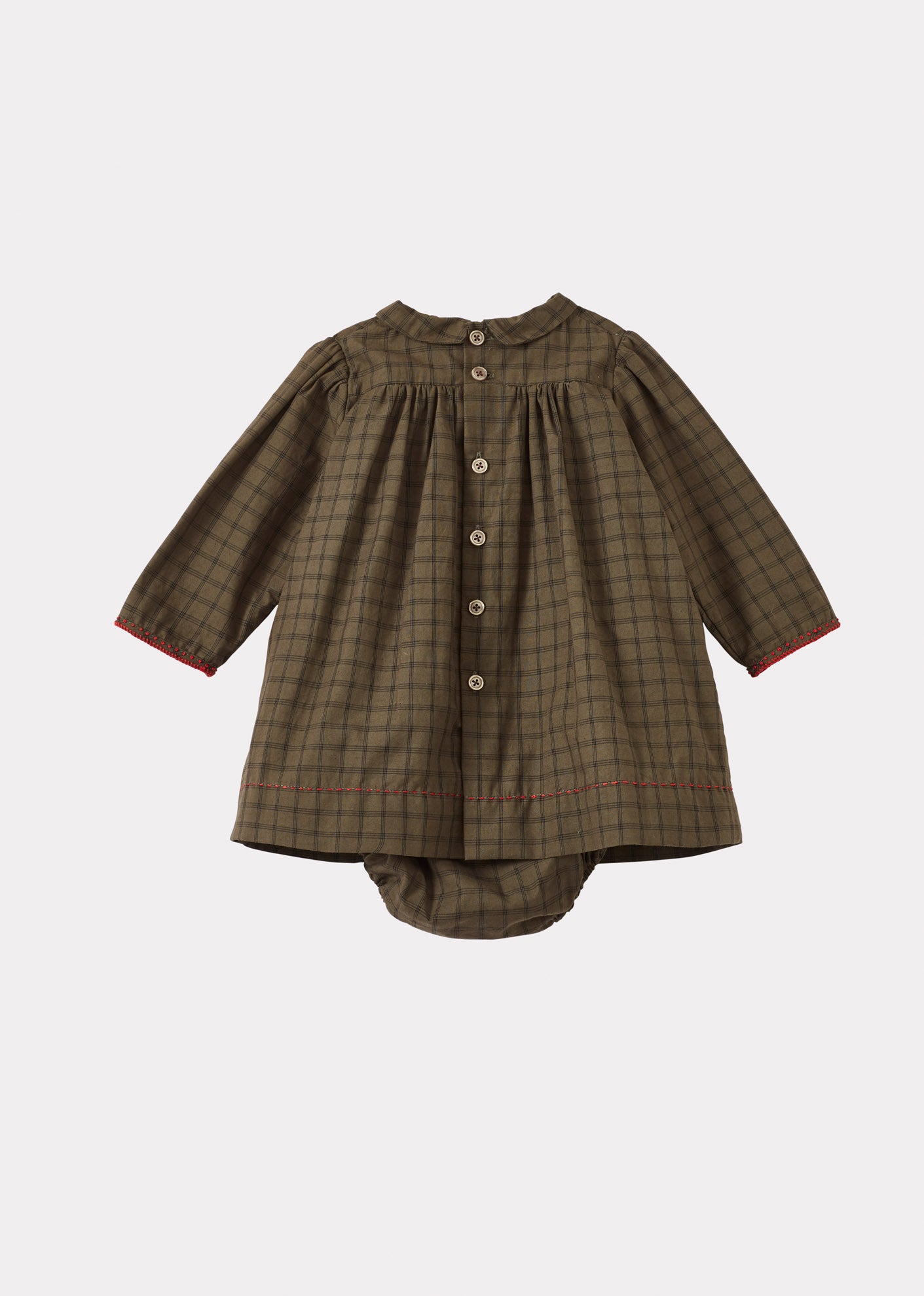 MARS BABY HAND-SMOCKED DRESS AND BLOOMERS SET - KHAKI CHECK