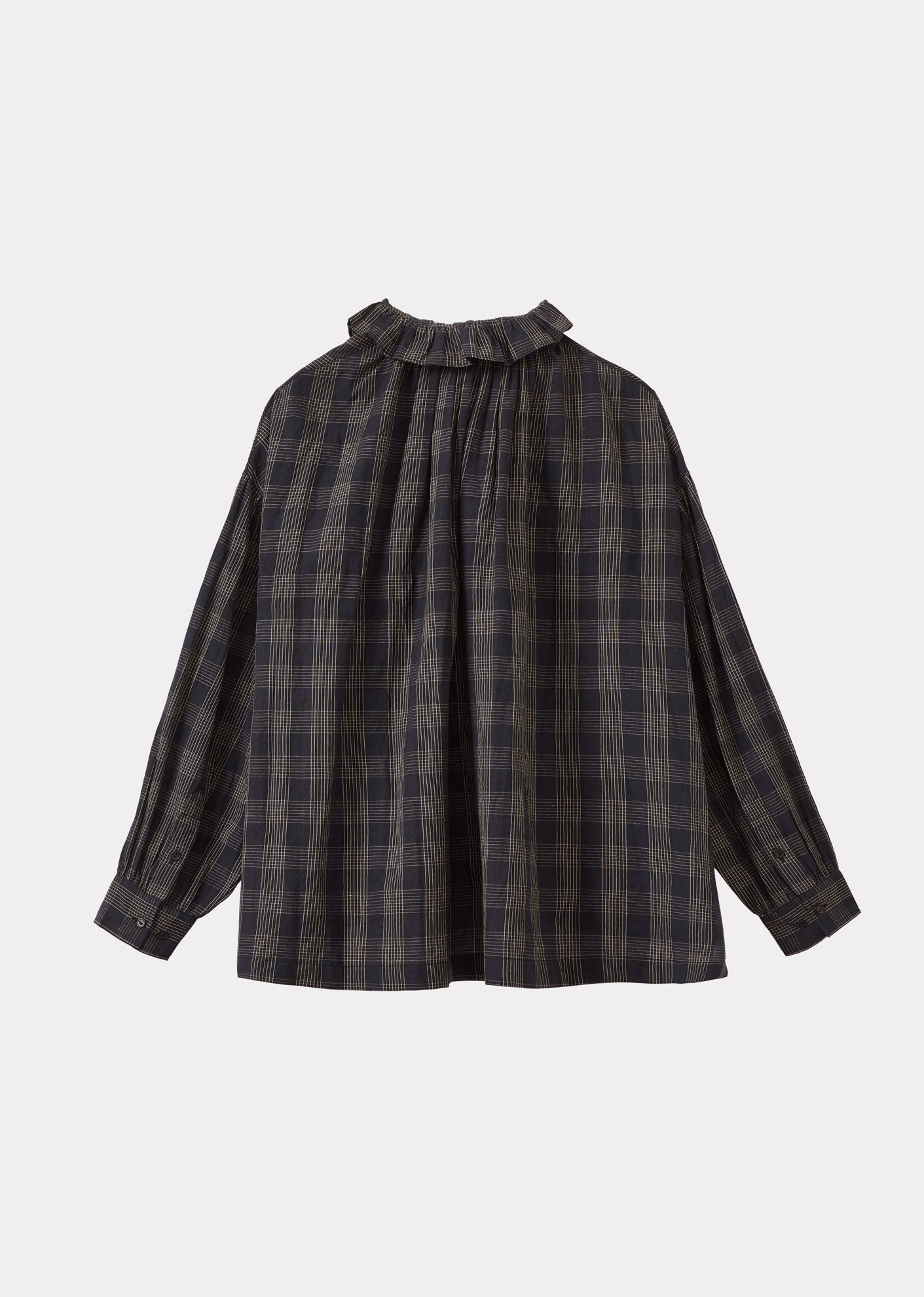 WOMEN'S FRILL COLLAR COTTON BLOUSE - BLACK / ECRU CHECK