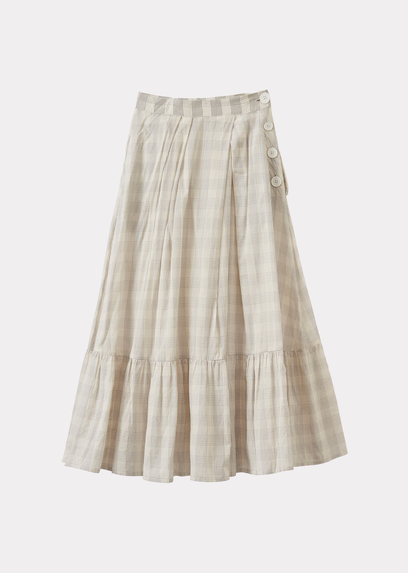WOMEN'S PLEATED FRILL COTTON SKIRT - ECRU / GREY CHECK