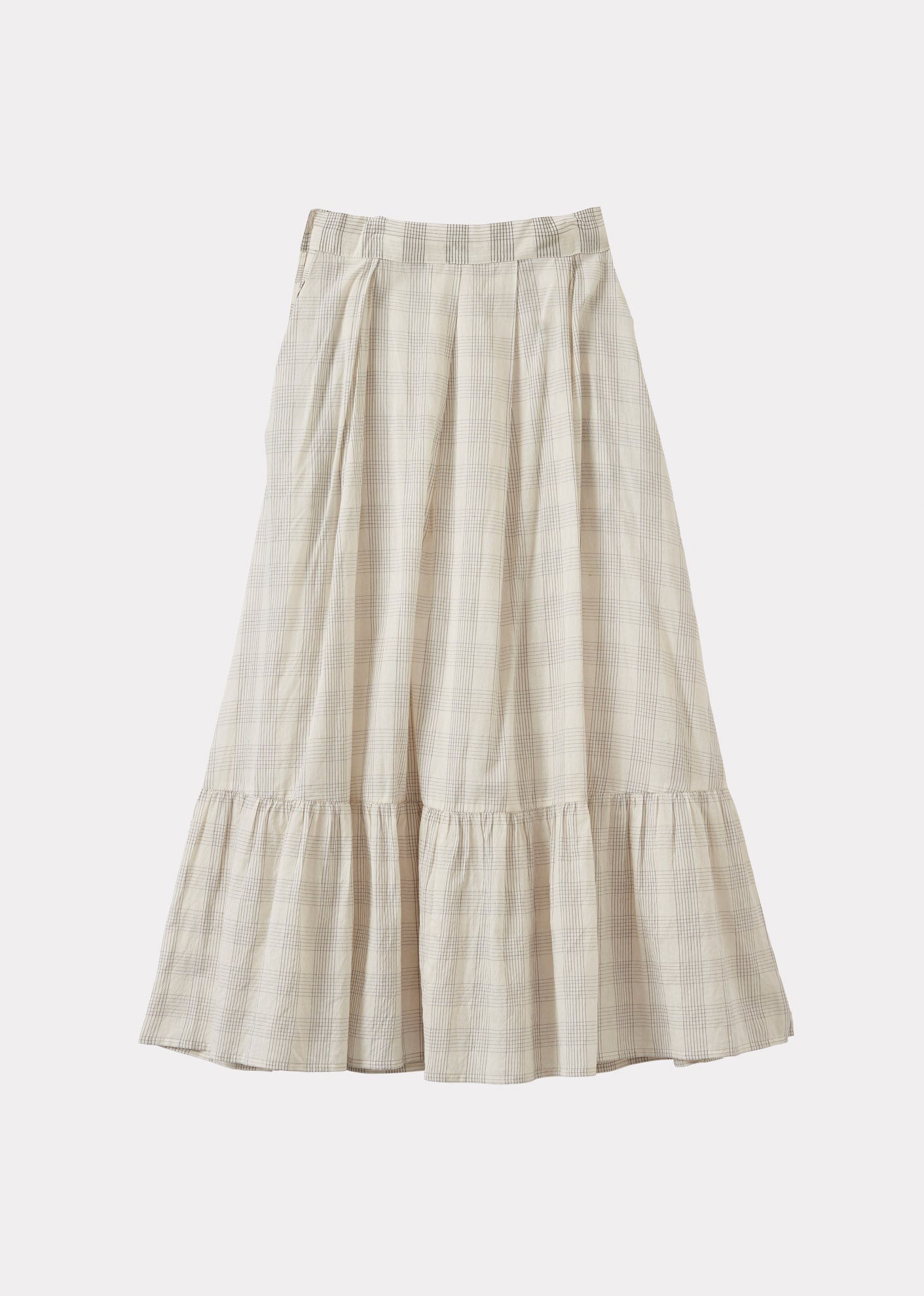 WOMEN'S PLEATED FRILL COTTON SKIRT - ECRU / GREY CHECK