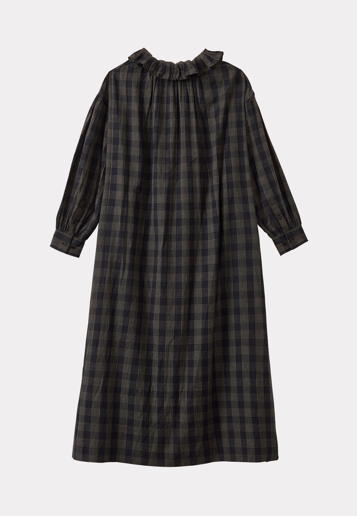 FRILL COLLAR WOMEN'S DRESS - BLACK / ECRU CHECK