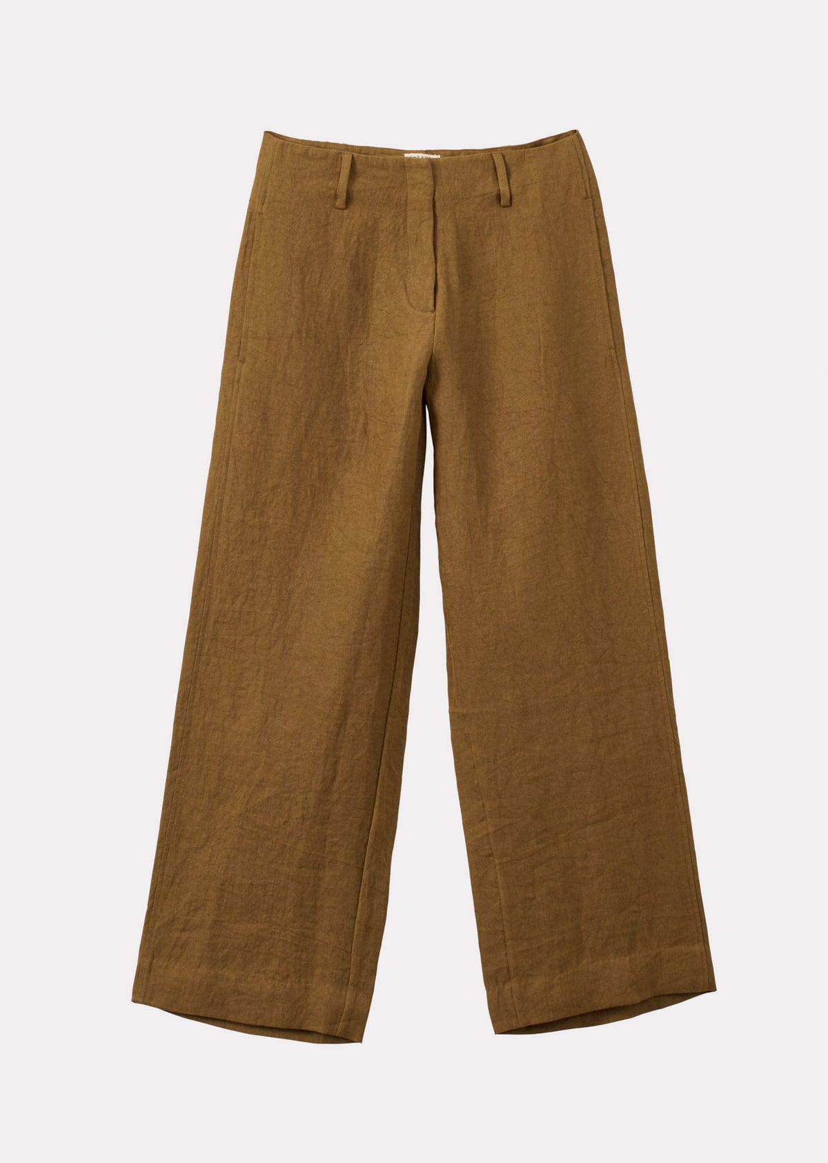 A pair of wide-leg trousers in a textured brown fabric, displayed flat against a light gray background.
