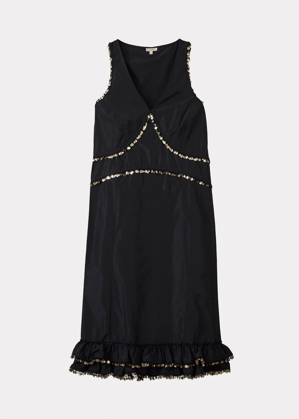 WOMEN'S V-NECK FRILL DRESS SILK TAFFETA - BLACK
