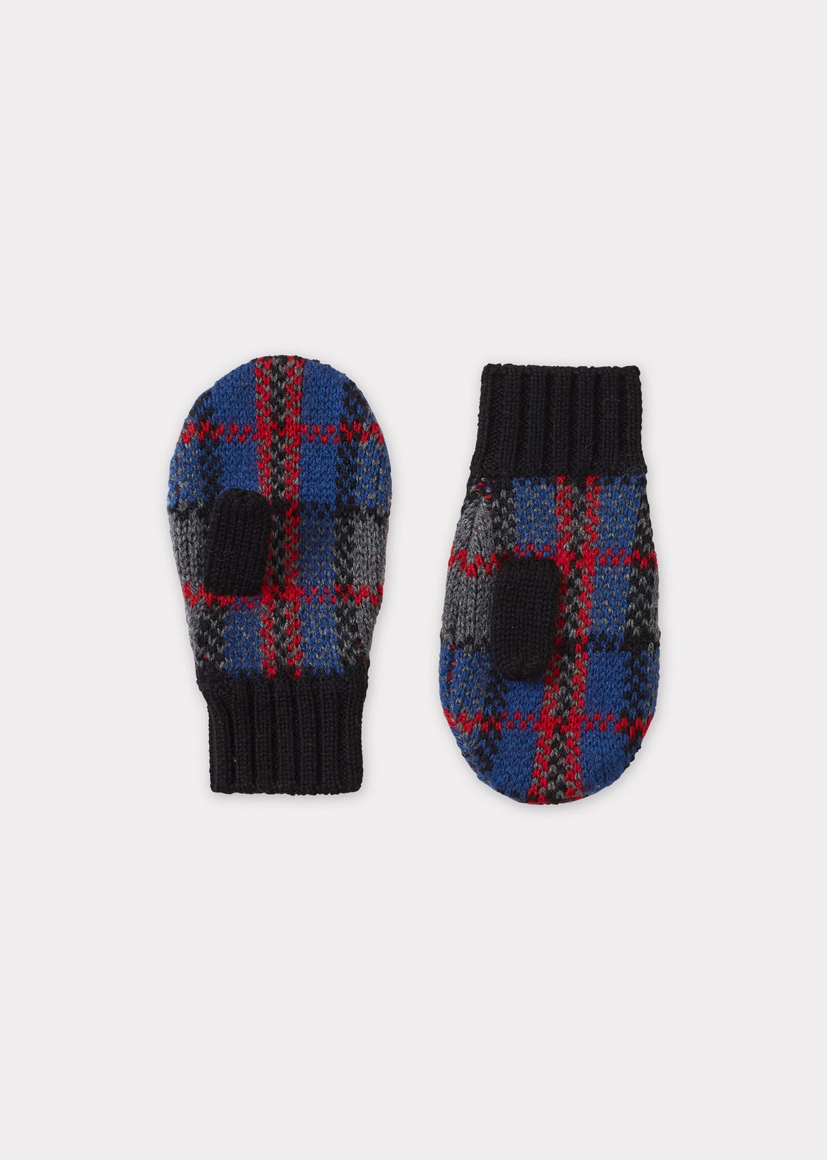 APO CHILDREN'S MERINO WOOL MITTENS - GREY BLUE & RED CHECK