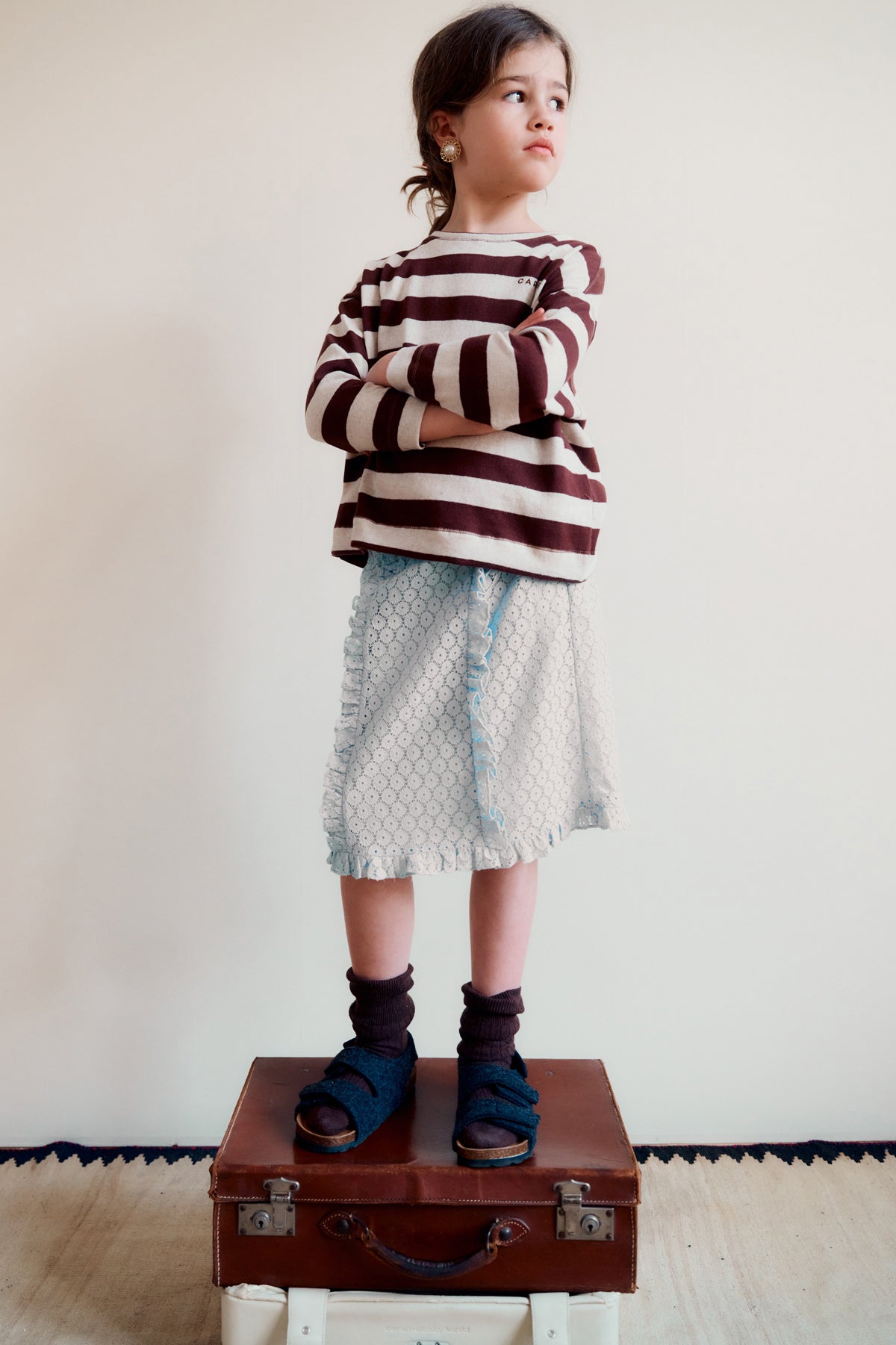 TODEA CHILDREN'S COTTON T-SHIRT - ECRU TAN STRIPE