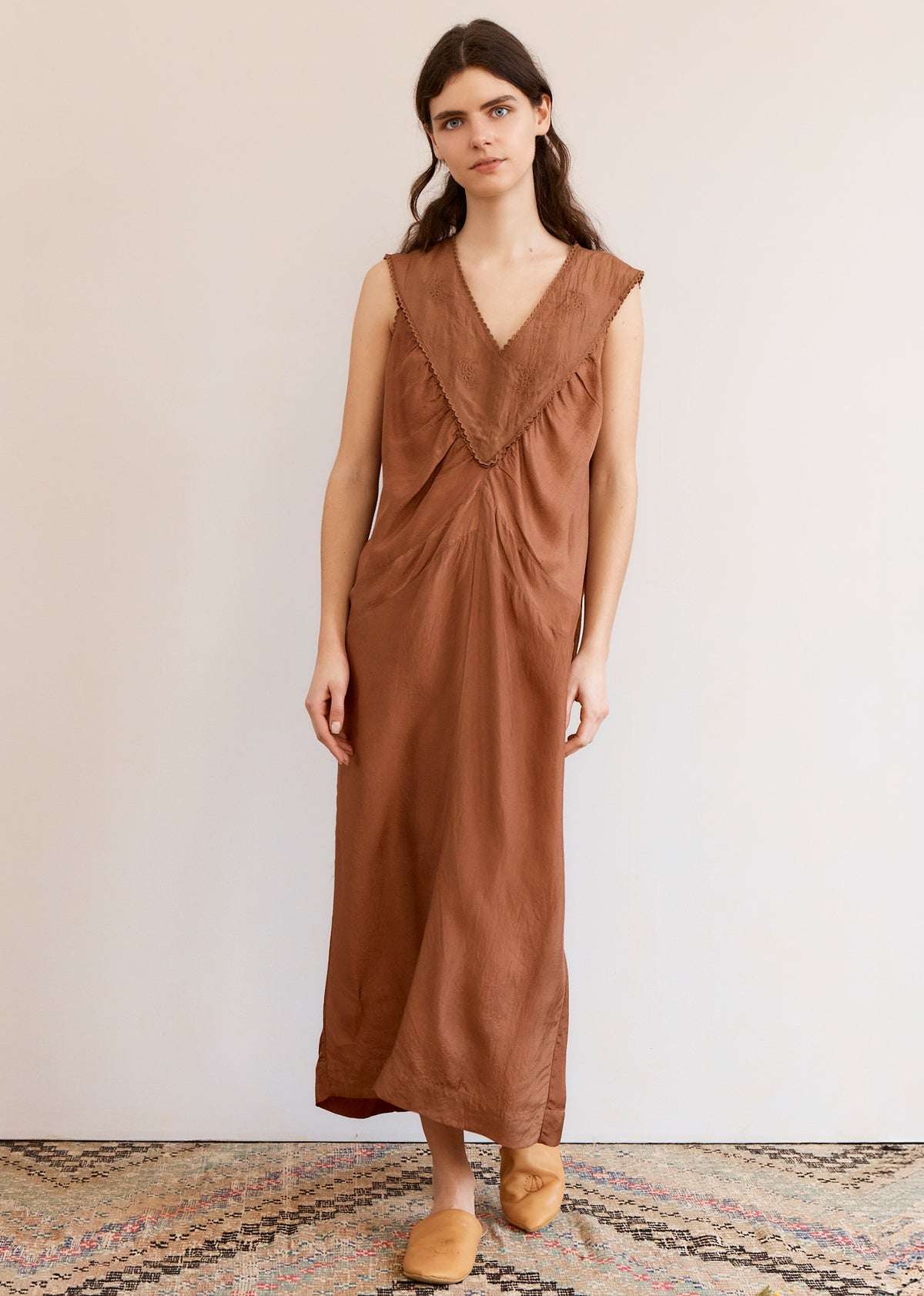 WOMEN'S EMBROIDERED PANELLED DRESS - TOFFEE