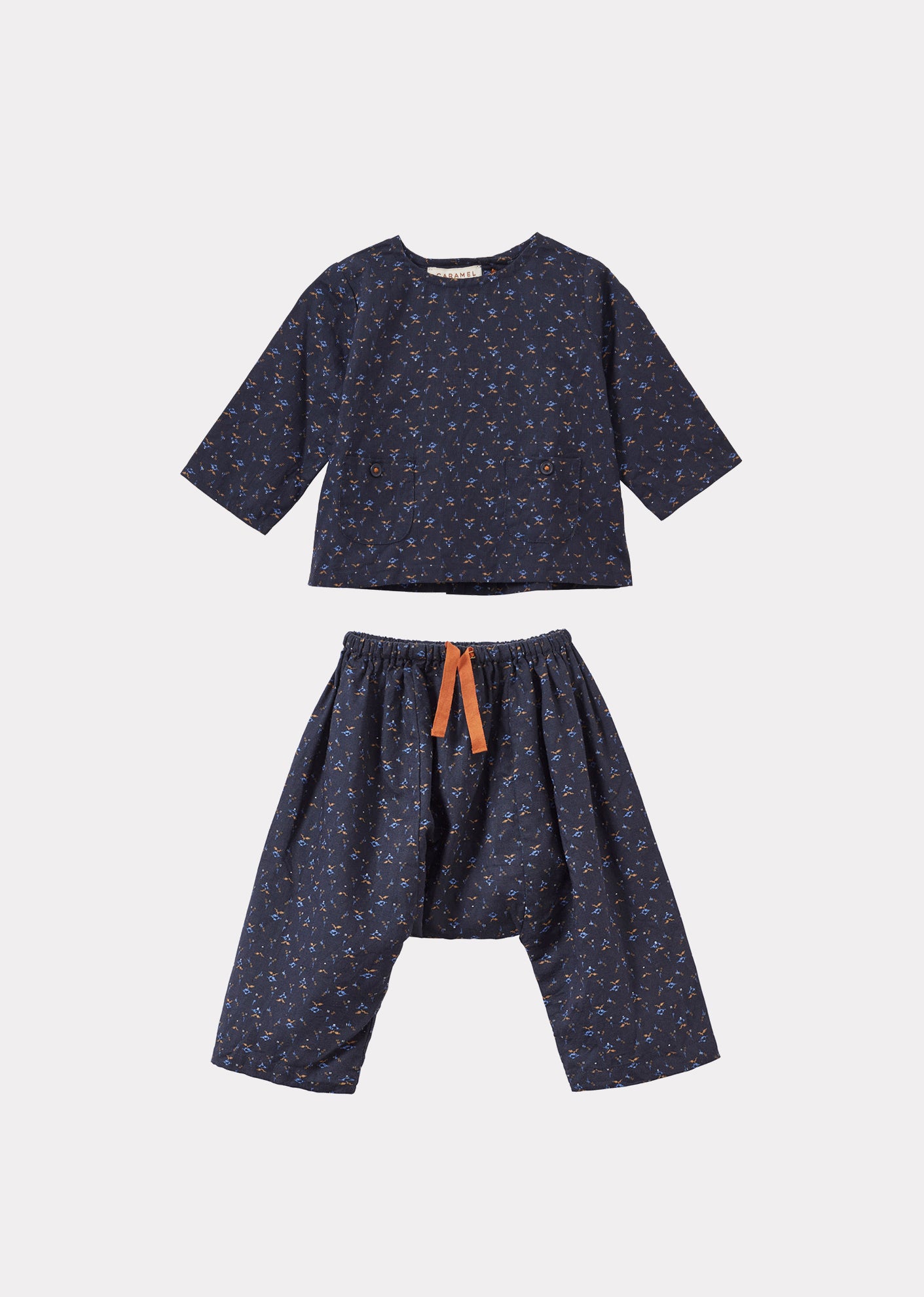 BLACKBIRD BABY COTTON AND LINEN TOP AND TROUSERS SET - PIXEL PRINT