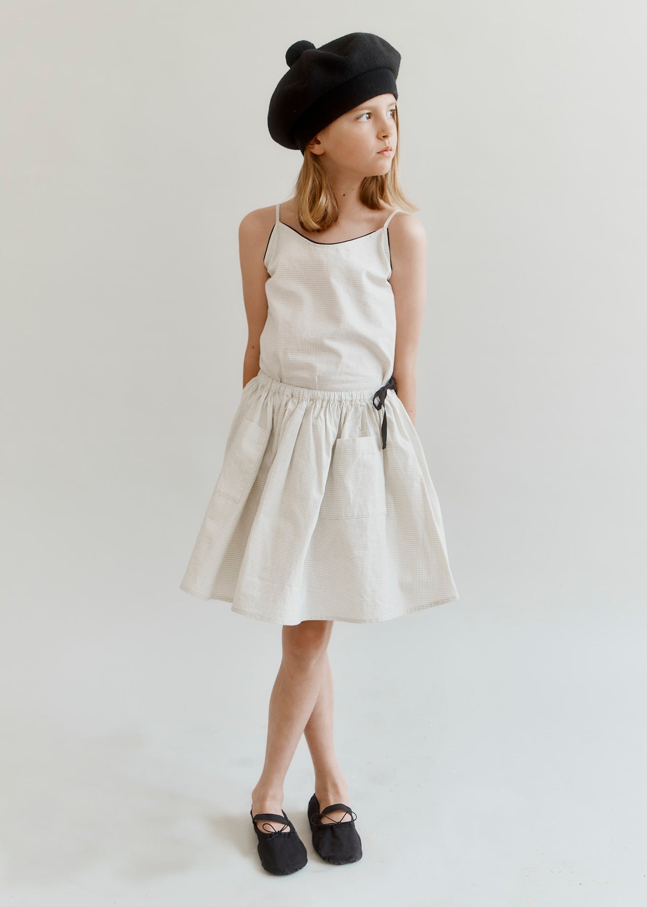 CAMILLA GIRL'S COTTON CAMISOLE TOP - OFF-WHITE / BLACK MICRO-CHECK