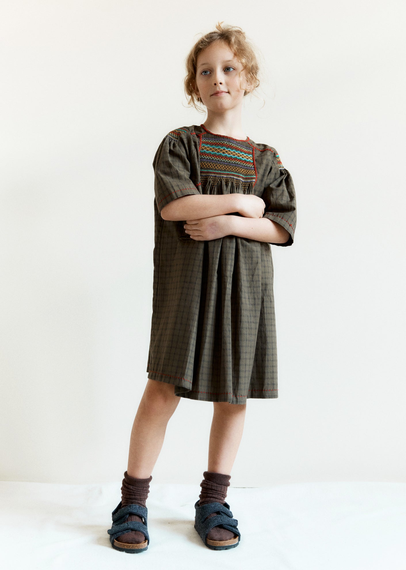 MARS GIRL'S HAND-SMOCKED DRESS - KHAKI CHECK