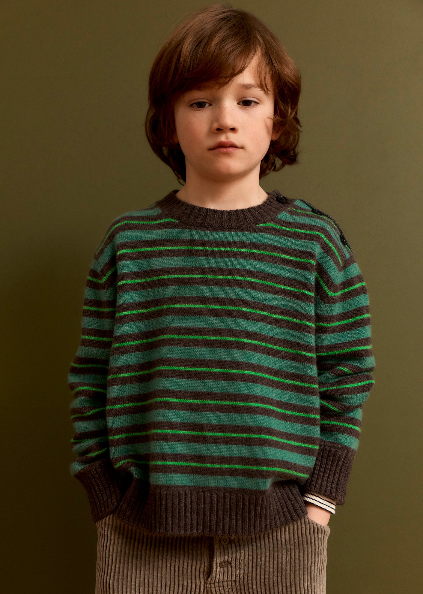 CHESTER CHILDREN'S JUMPER - SAGE GREEN & BARK STRIPE