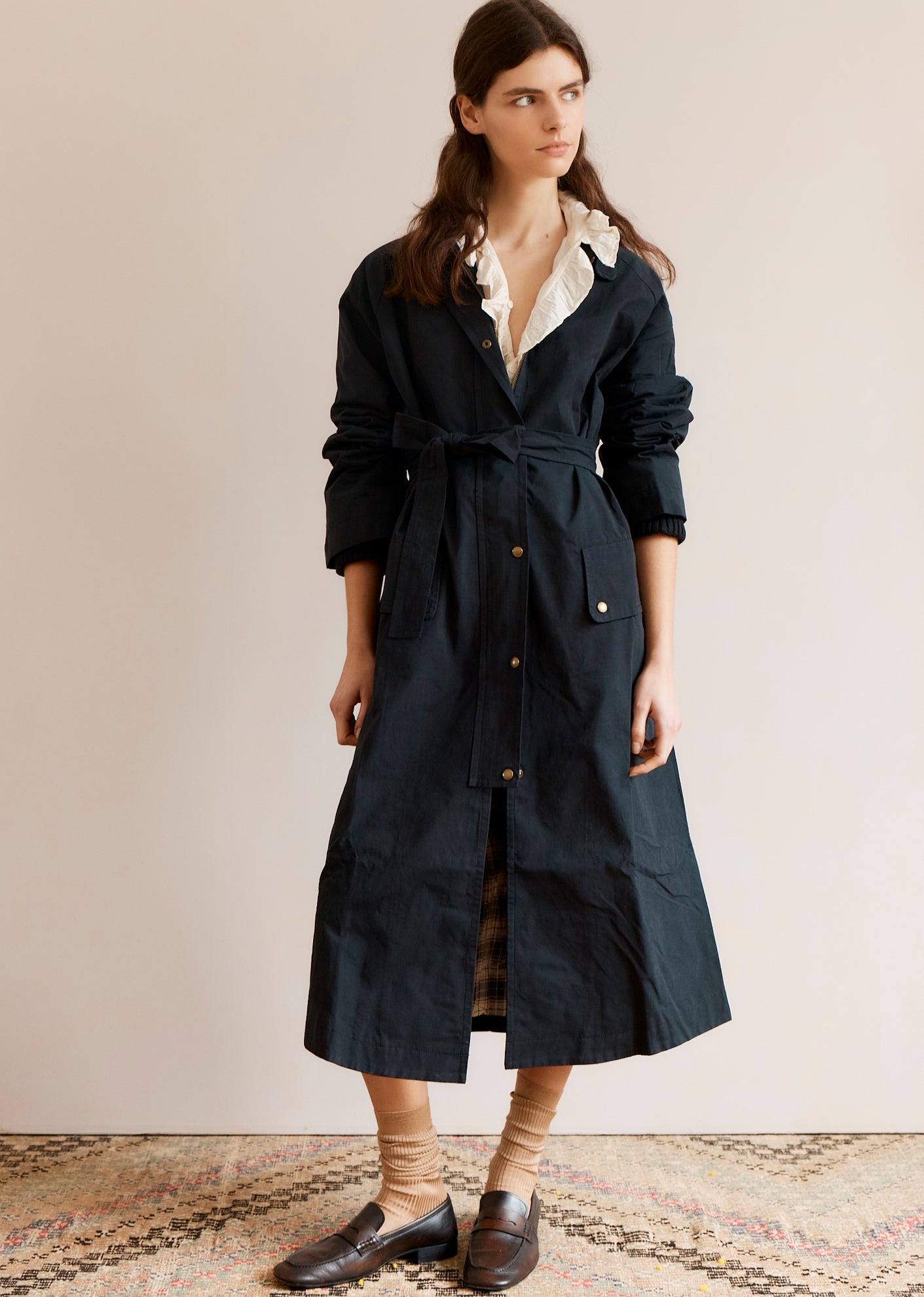 【Eaphi】新品 gunpatch waist mark long coat Caramel Luxury Women's Oversized Mac Coat - Dark Navy Blue