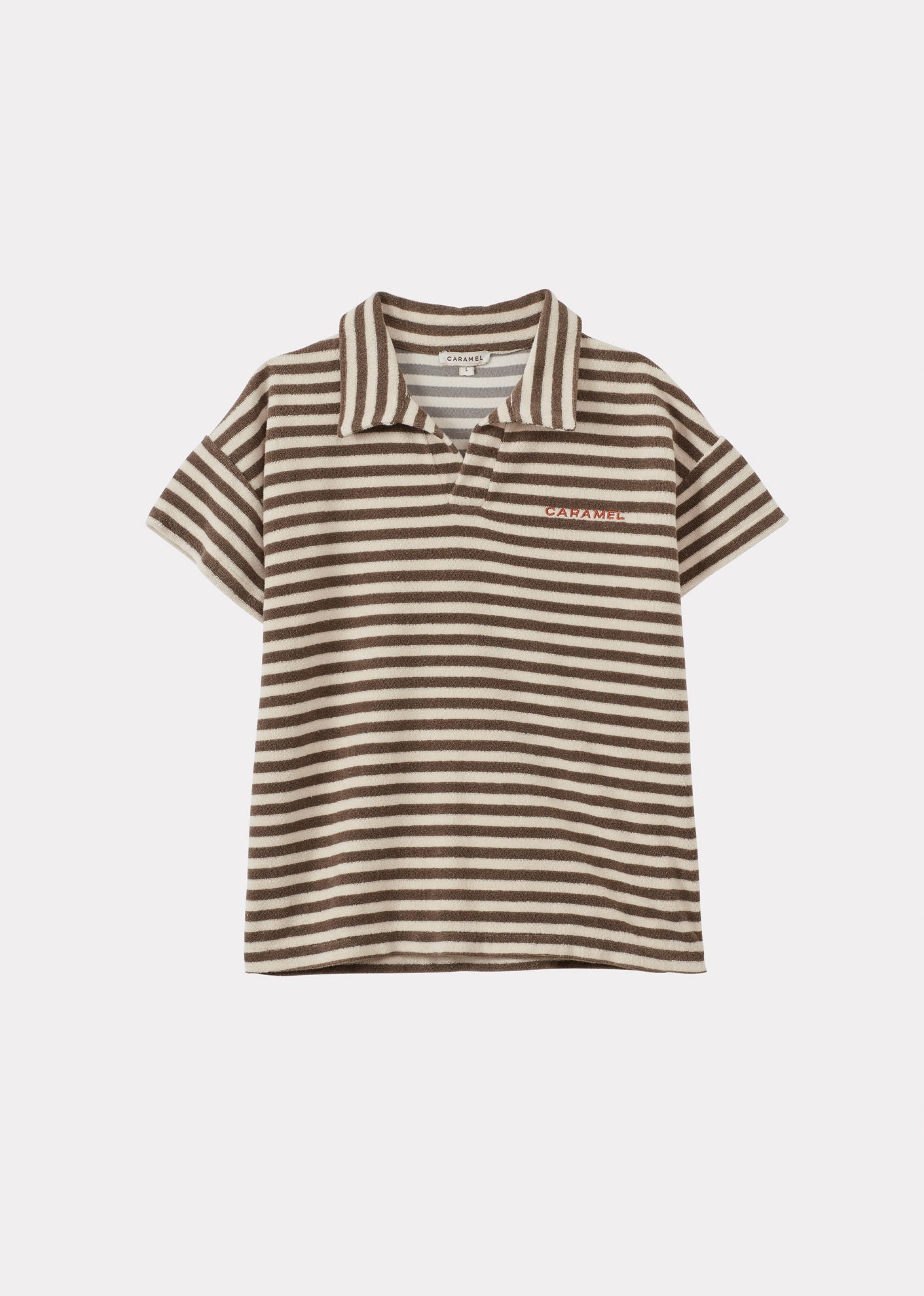 TOBIAS CHILDREN'S COTTON TOWELLING TOP - KHAKI AND ECRU STRIPE
