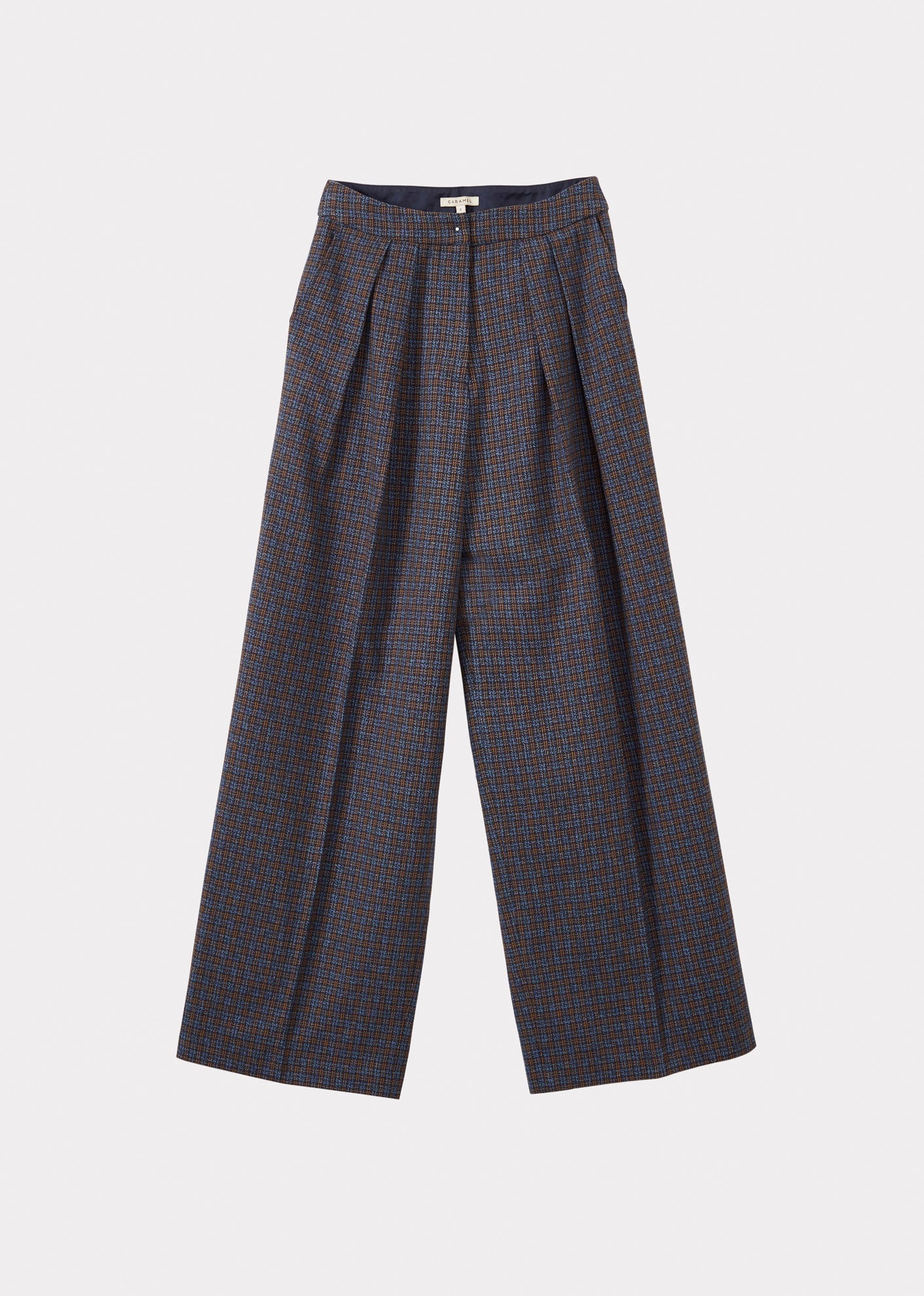 WOMEN'S COTTON PLEAT-DETAIL TROUSERS - BLUE CHECK TWEEDY