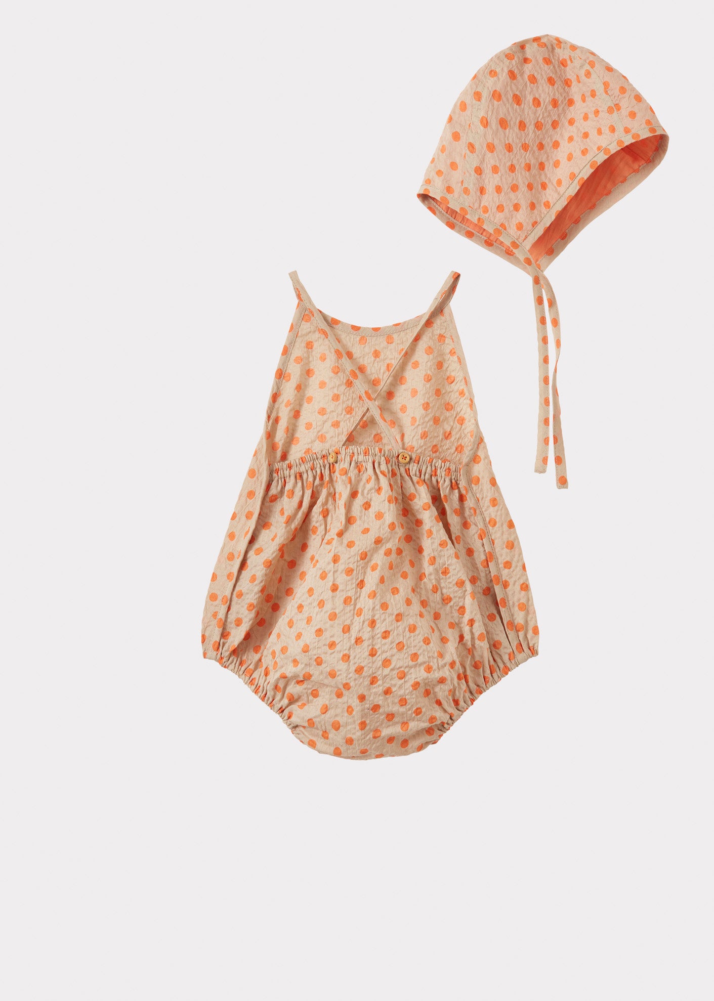 LAVENDULA BABY MIRACLE WEAVE COTTON ROMPER & BONNET SET - ORANGE POLKA DOT