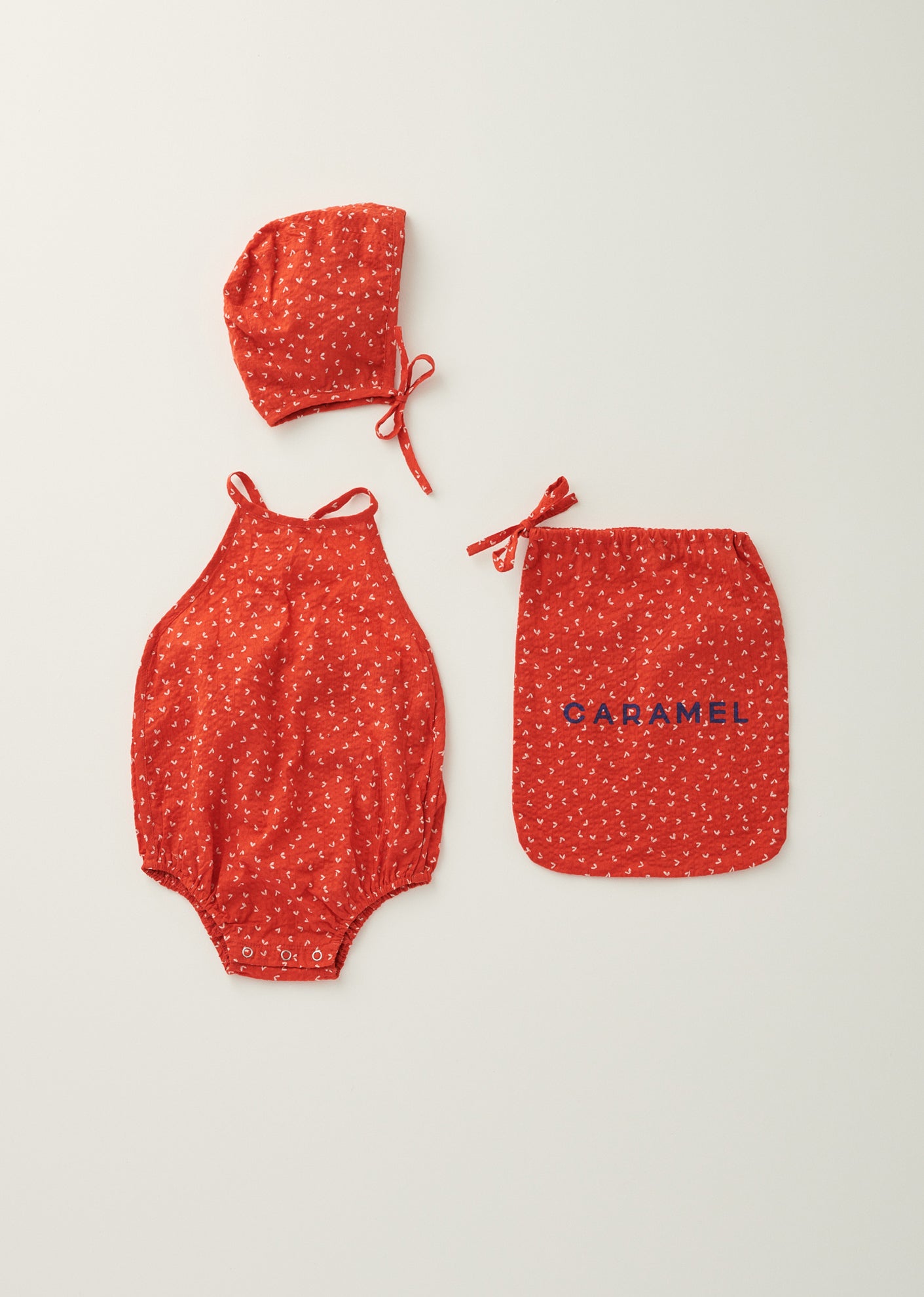 LAVENDULA BABY MIRACLE WEAVE COTTON ROMPER & BONNET SET - POPPY RED