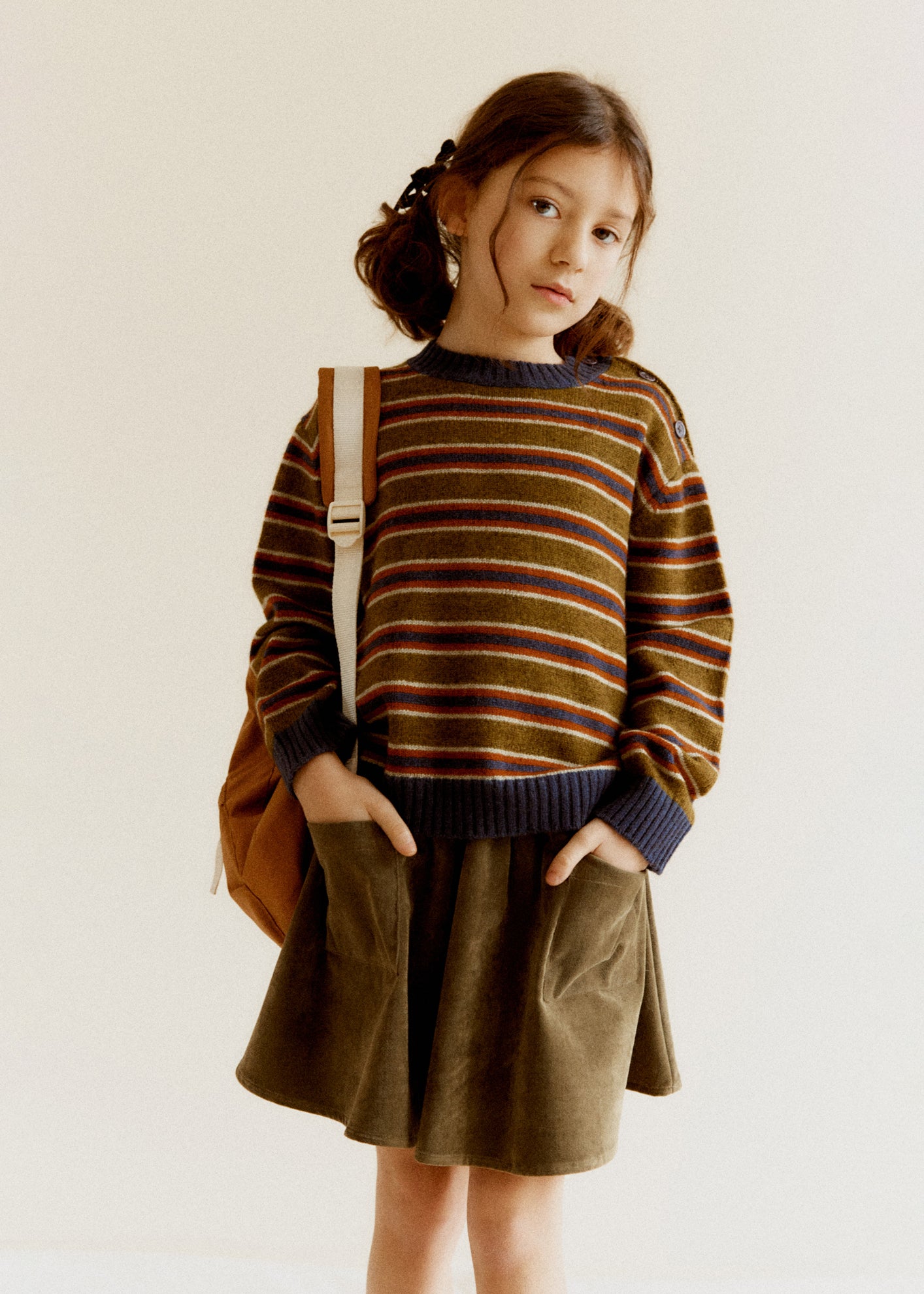 CHESTER CHILDREN'S WOOL MIX JUMPER - KHAKI / RUST / ECRU STRIPE
