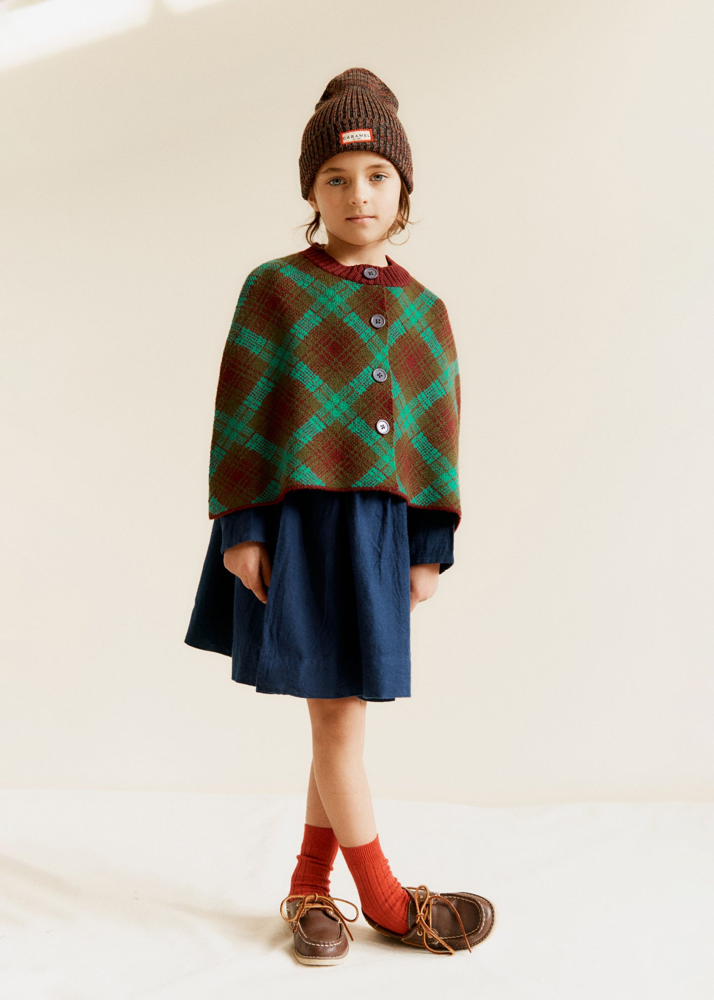 ASPEN CHILDREN'S MERINO WOOL CAPE - KHAKI / BURGUNDY - GREEN