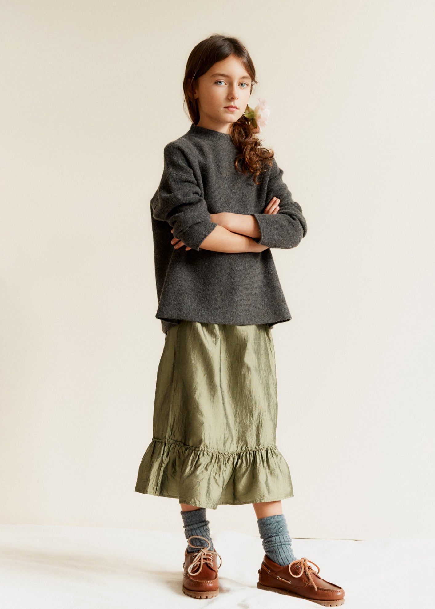 JANINE GIRL'S SILK SKIRT - EMERALD