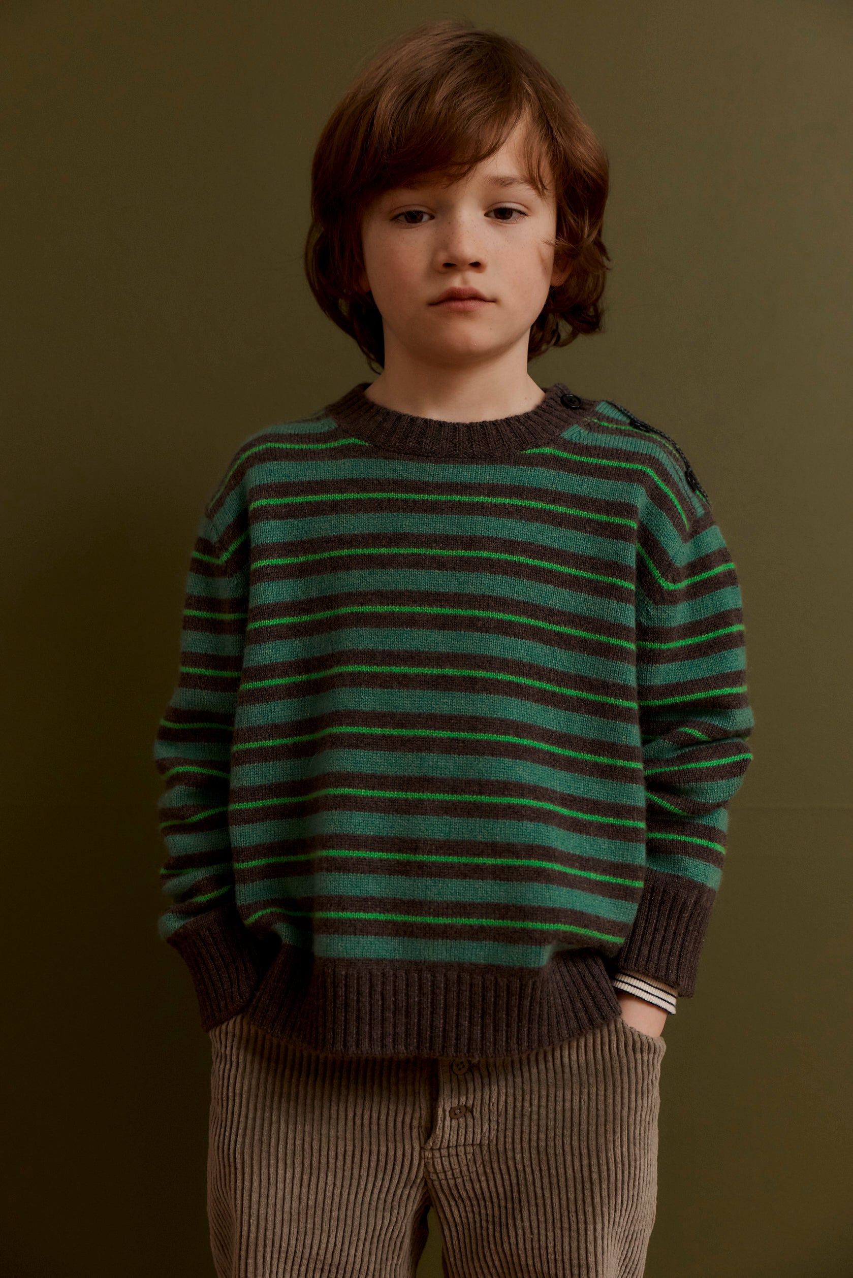 CHESTER CHILDREN'S CASHMERE JUMPER - SAGE GREEN & BARK STRIPE