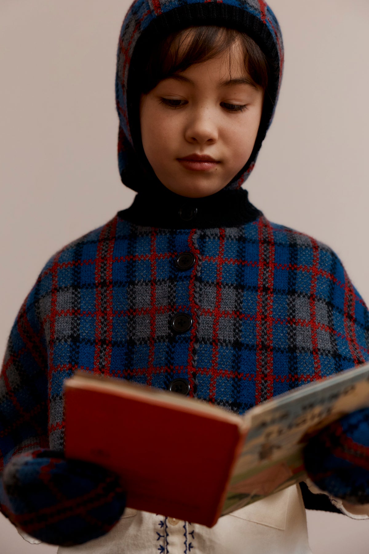 ASPEN CHILDREN'S MERINO WOOL CAPE - GREY BLUE & RED CHECK