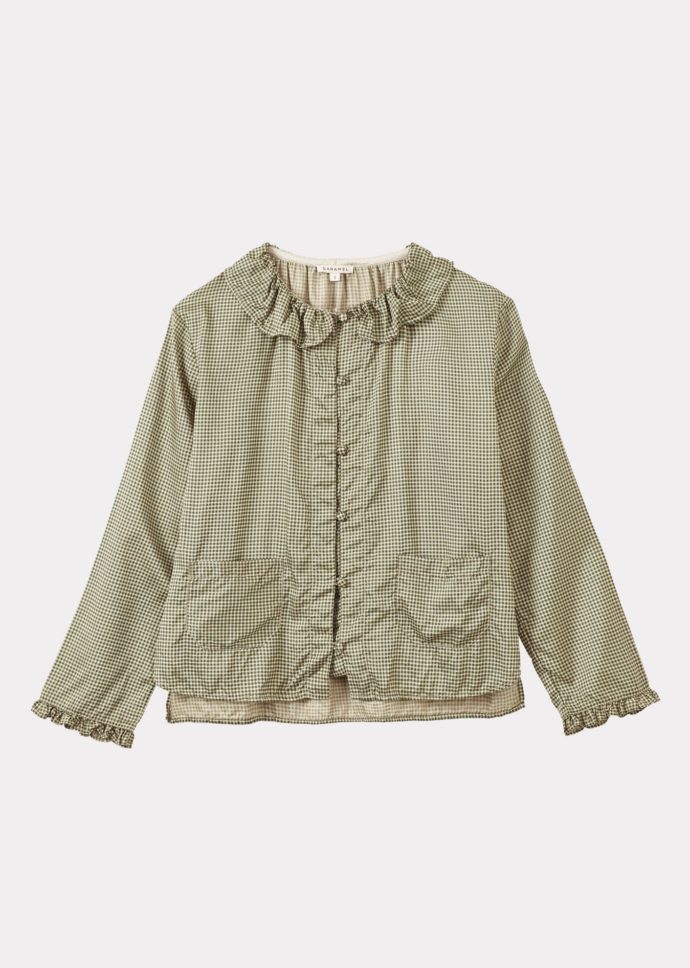 WOMEN'S FRILL COLLAR SHIRT - GREEN GINGHAM MICRO-CHECK
