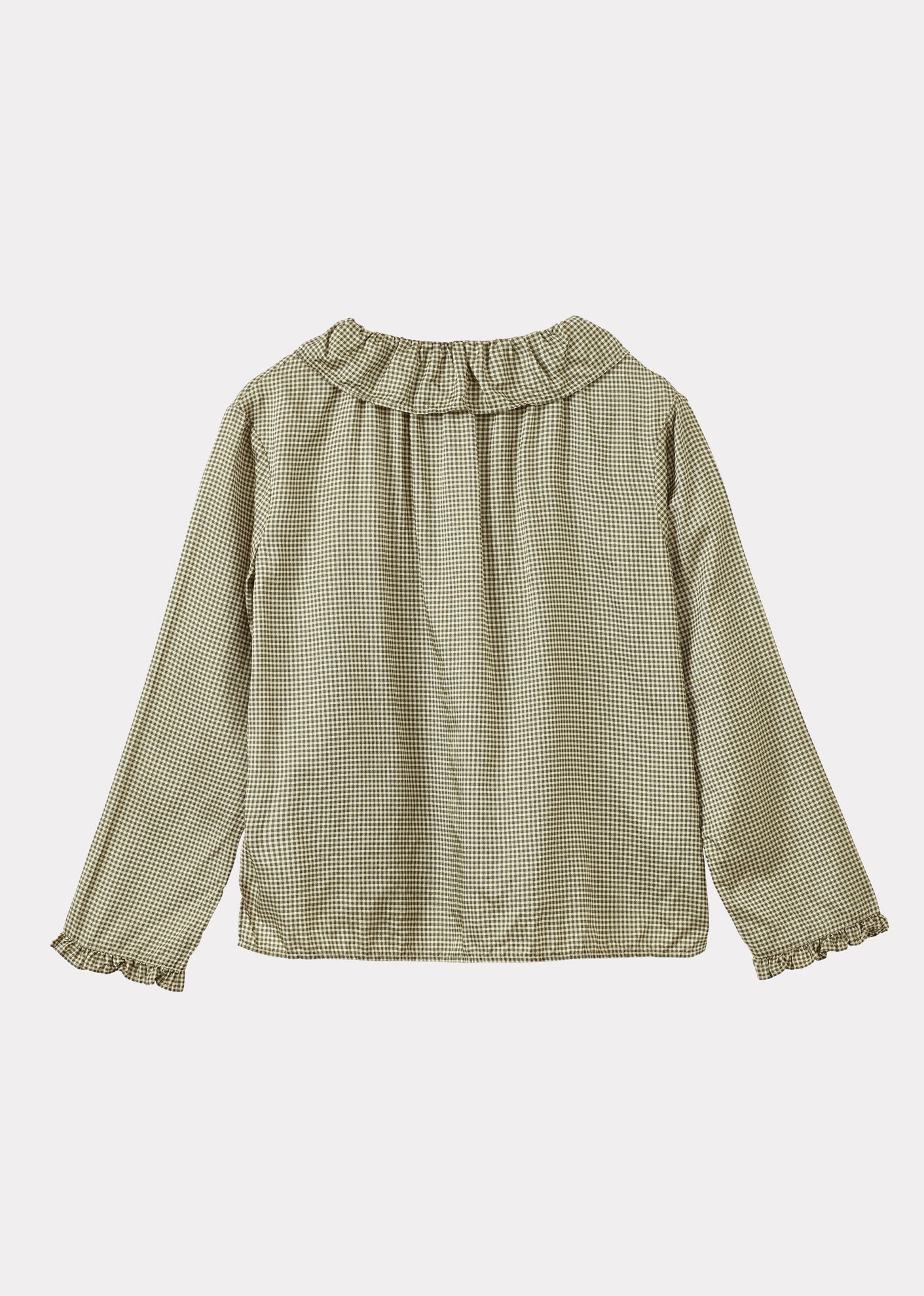WOMEN'S FRILL COLLAR SHIRT - GREEN GINGHAM MICRO-CHECK