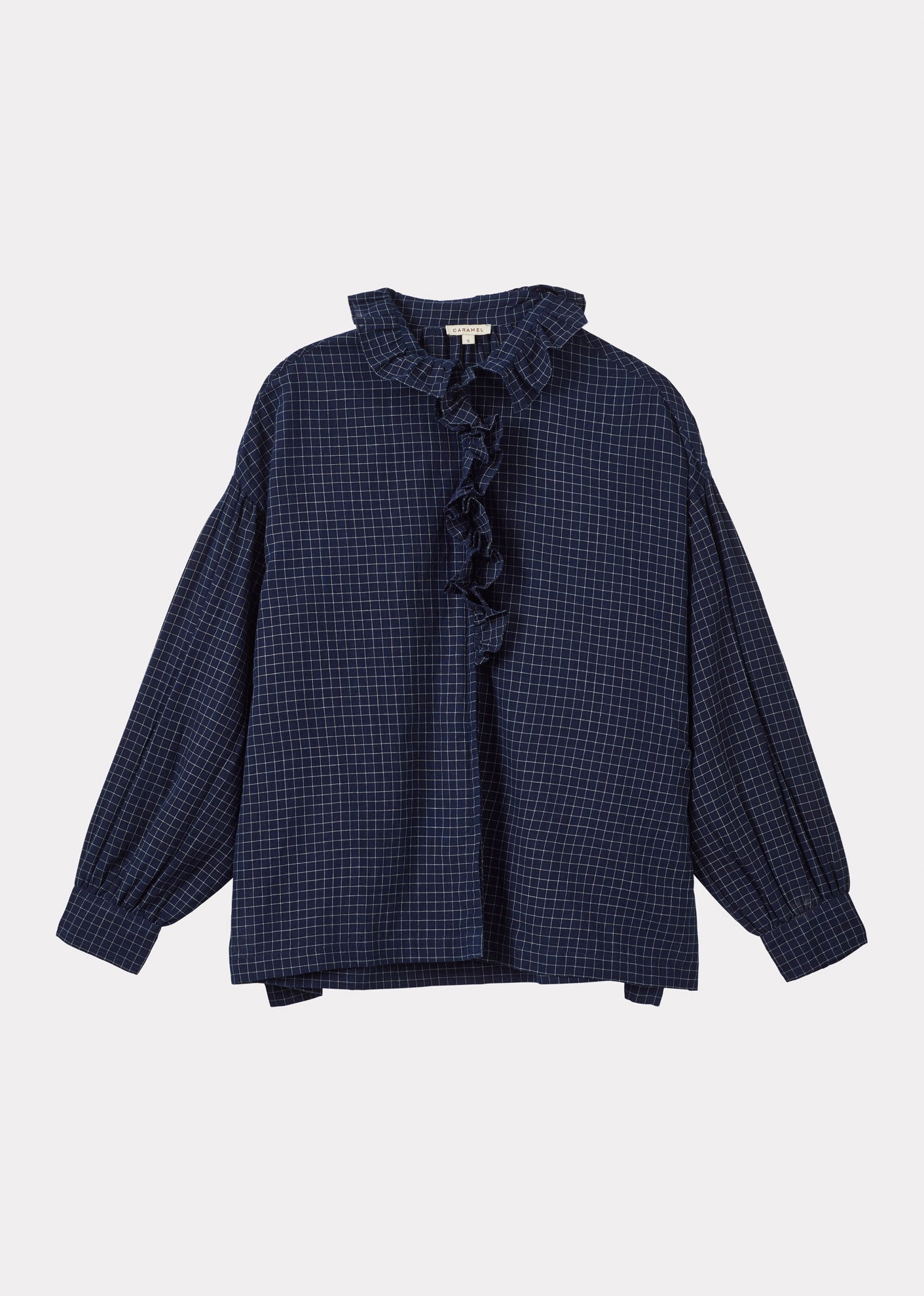 FRILL BLOUSE - NAVY YARN DYED CHECK