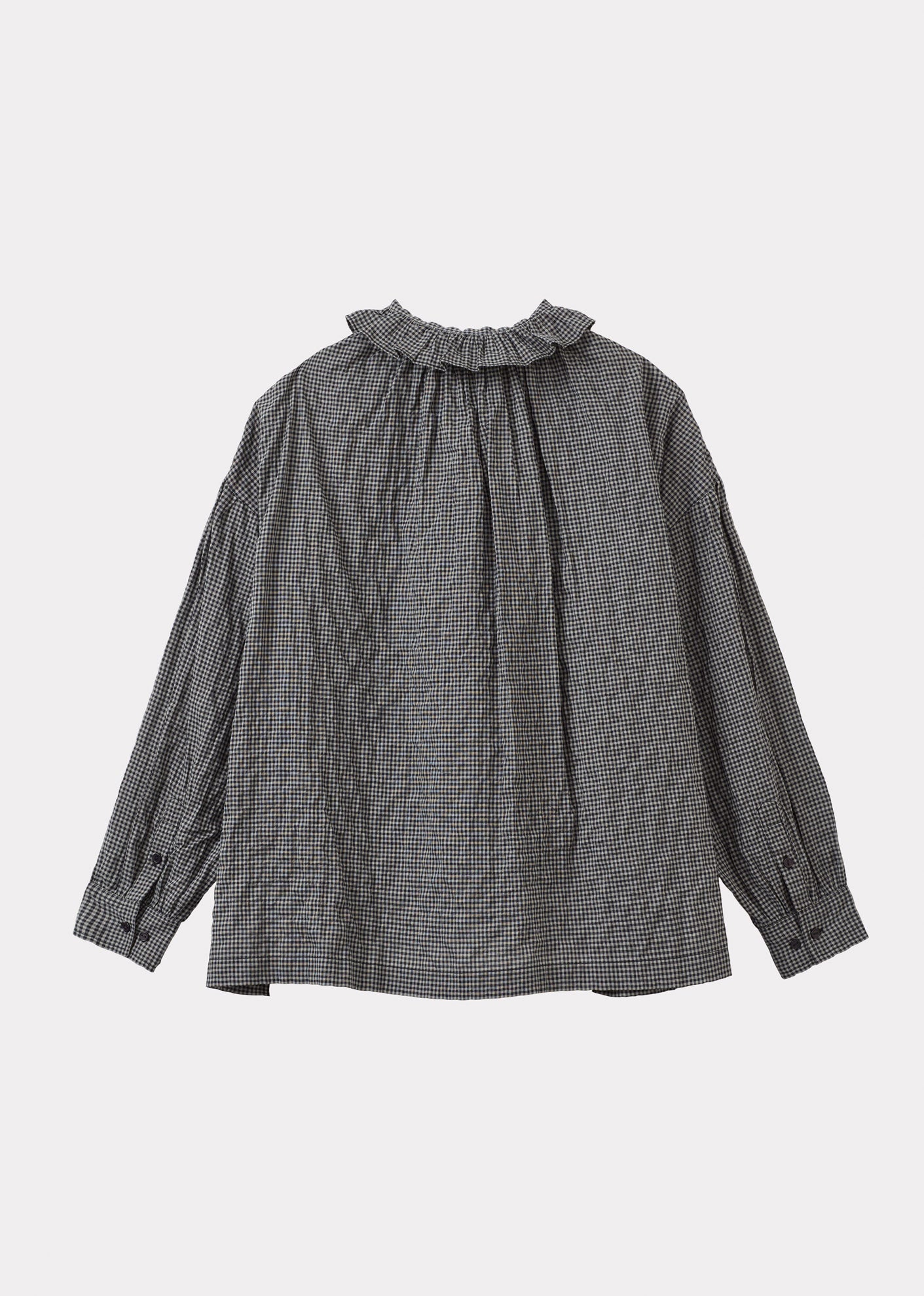 WOMEN'S COTTON FRILL BLOUSE  - BLACK/ GREY CHECK