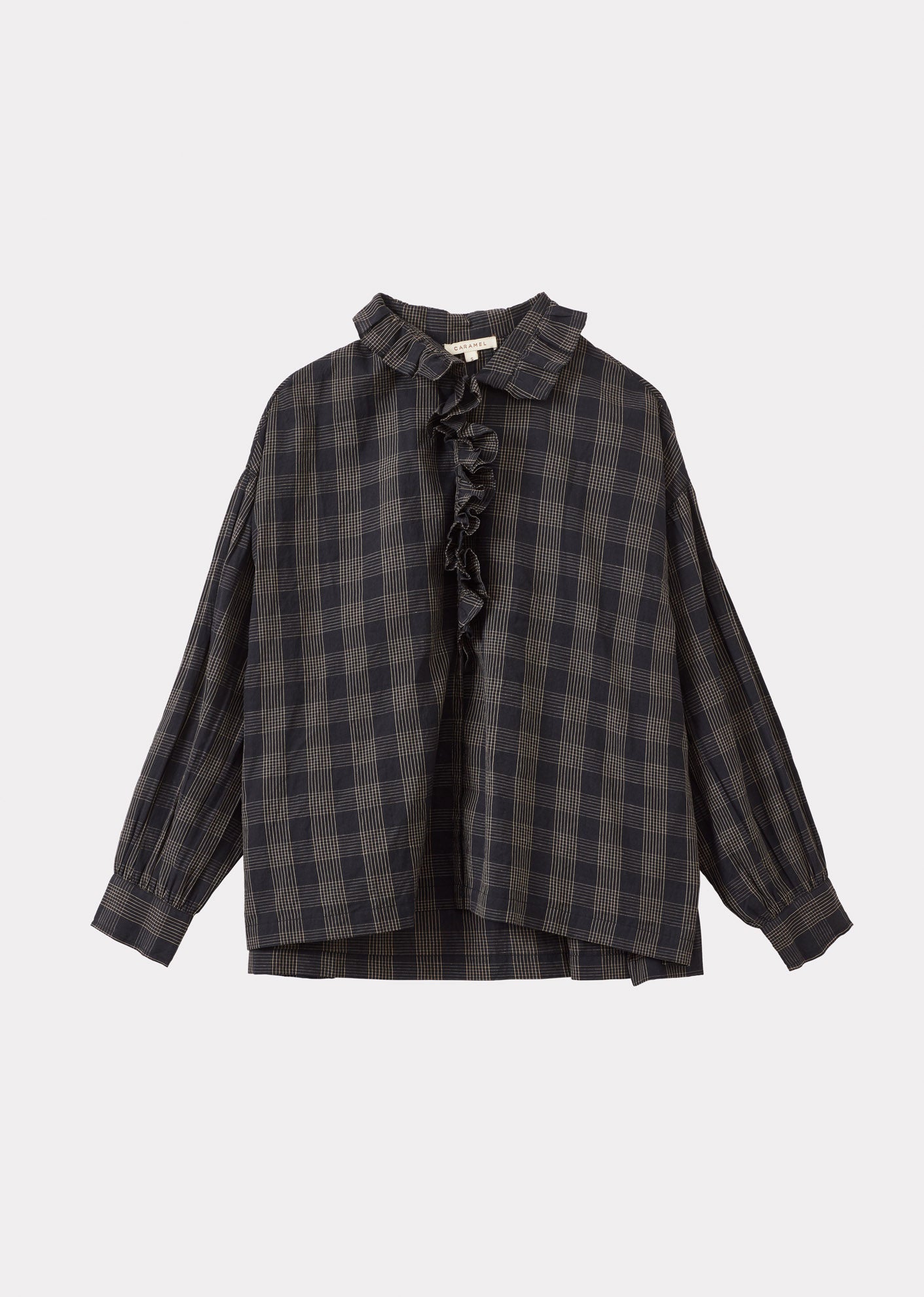 WOMEN'S FRILL COLLAR COTTON BLOUSE - BLACK / ECRU CHECK