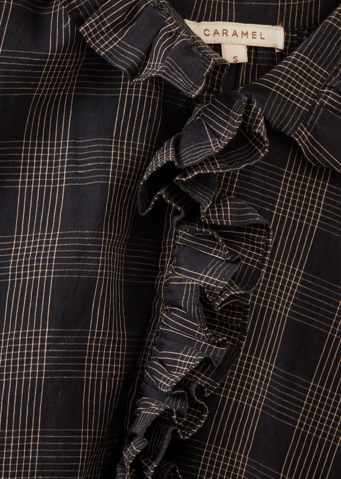 WOMEN'S FRILL COLLAR COTTON BLOUSE - BLACK / ECRU CHECK