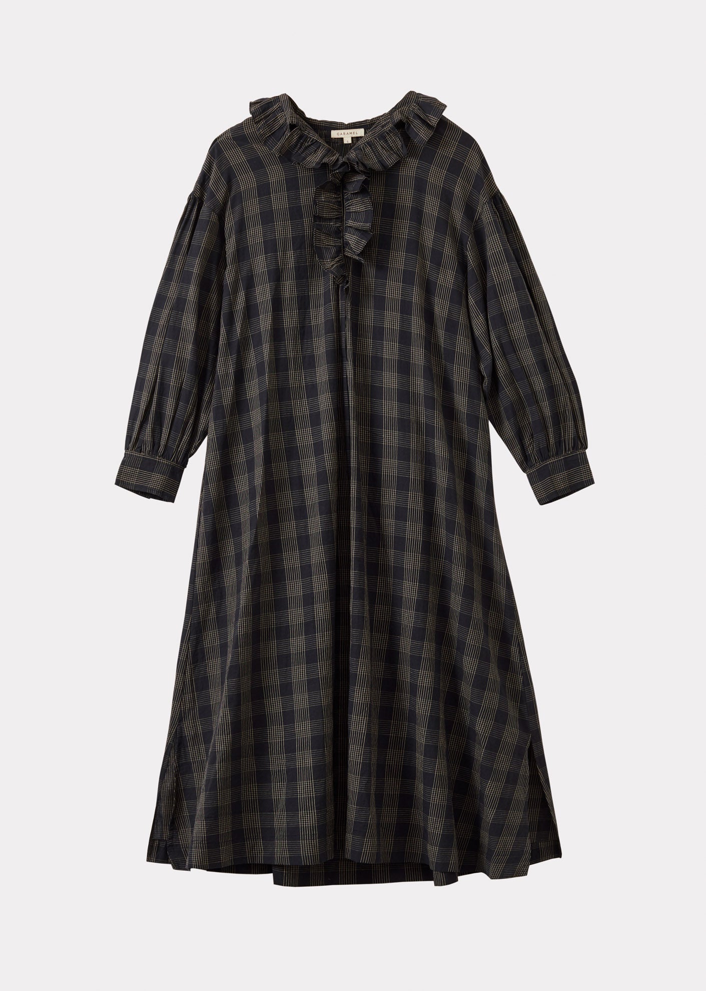 FRILL COLLAR WOMEN'S DRESS - BLACK / ECRU CHECK