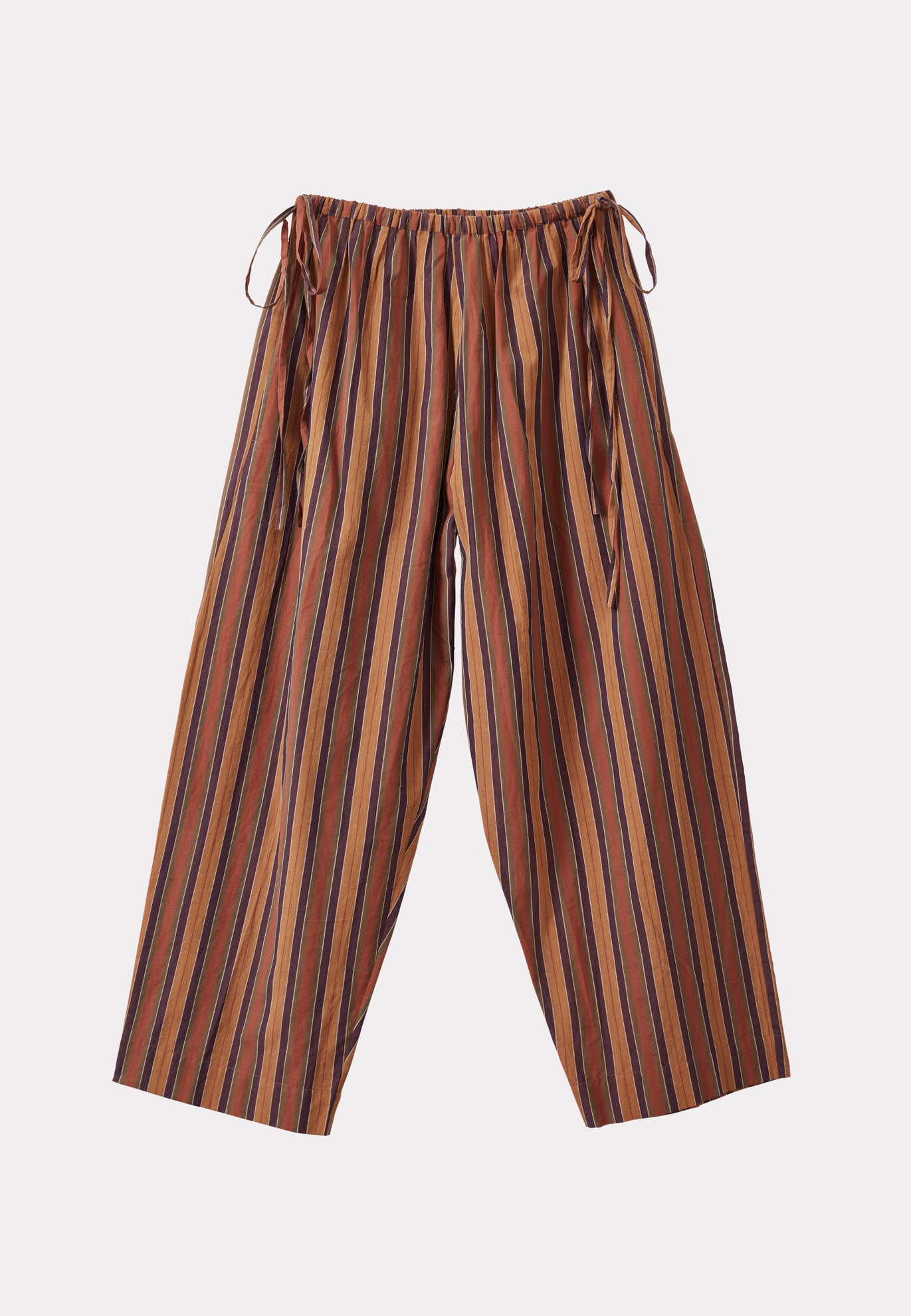 WOMEN'S TIE-DETAIL TROUSERS - BROWN MULTI-STRIPES