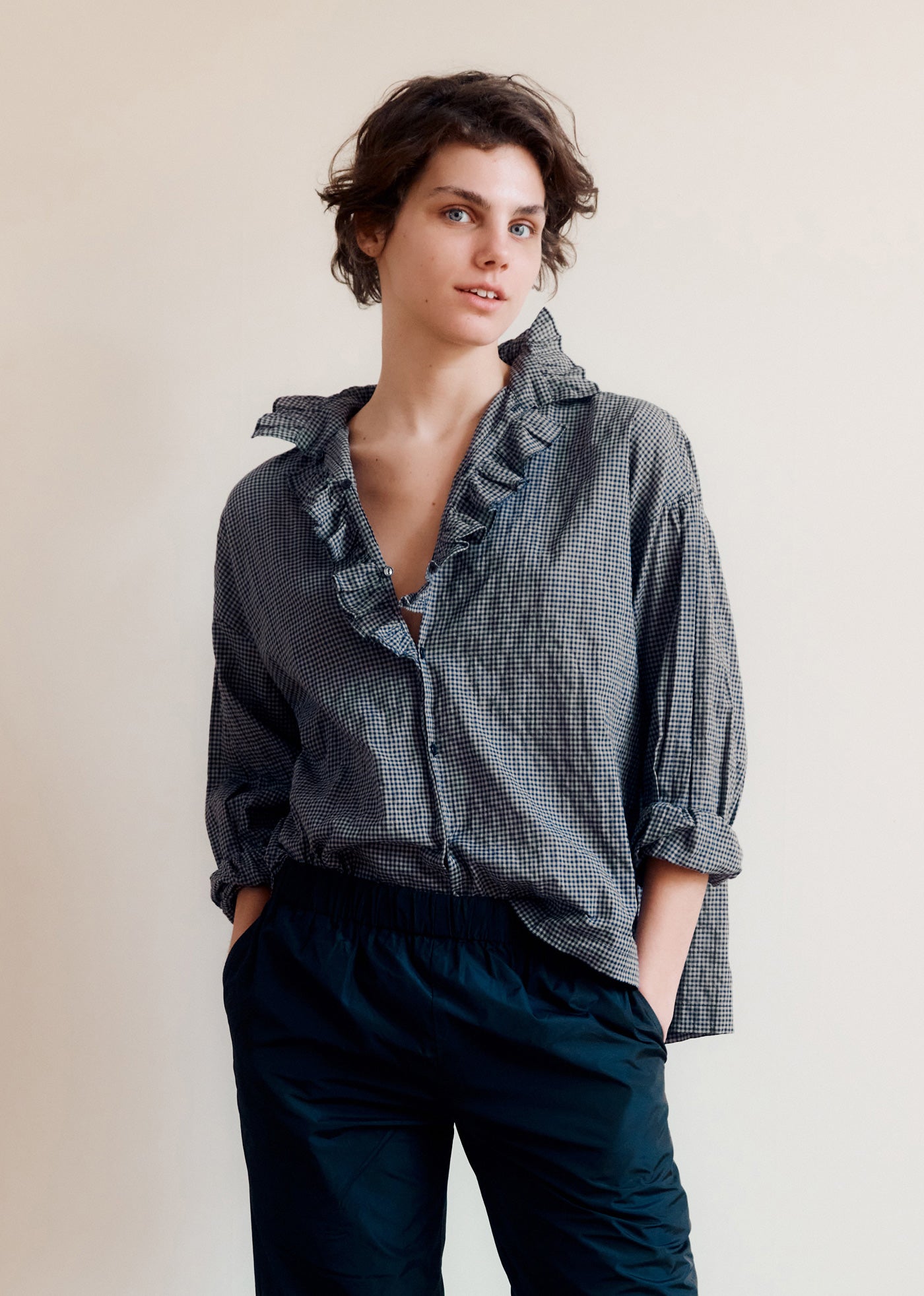 WOMEN'S COTTON FRILL BLOUSE  - BLACK/ GREY CHECK