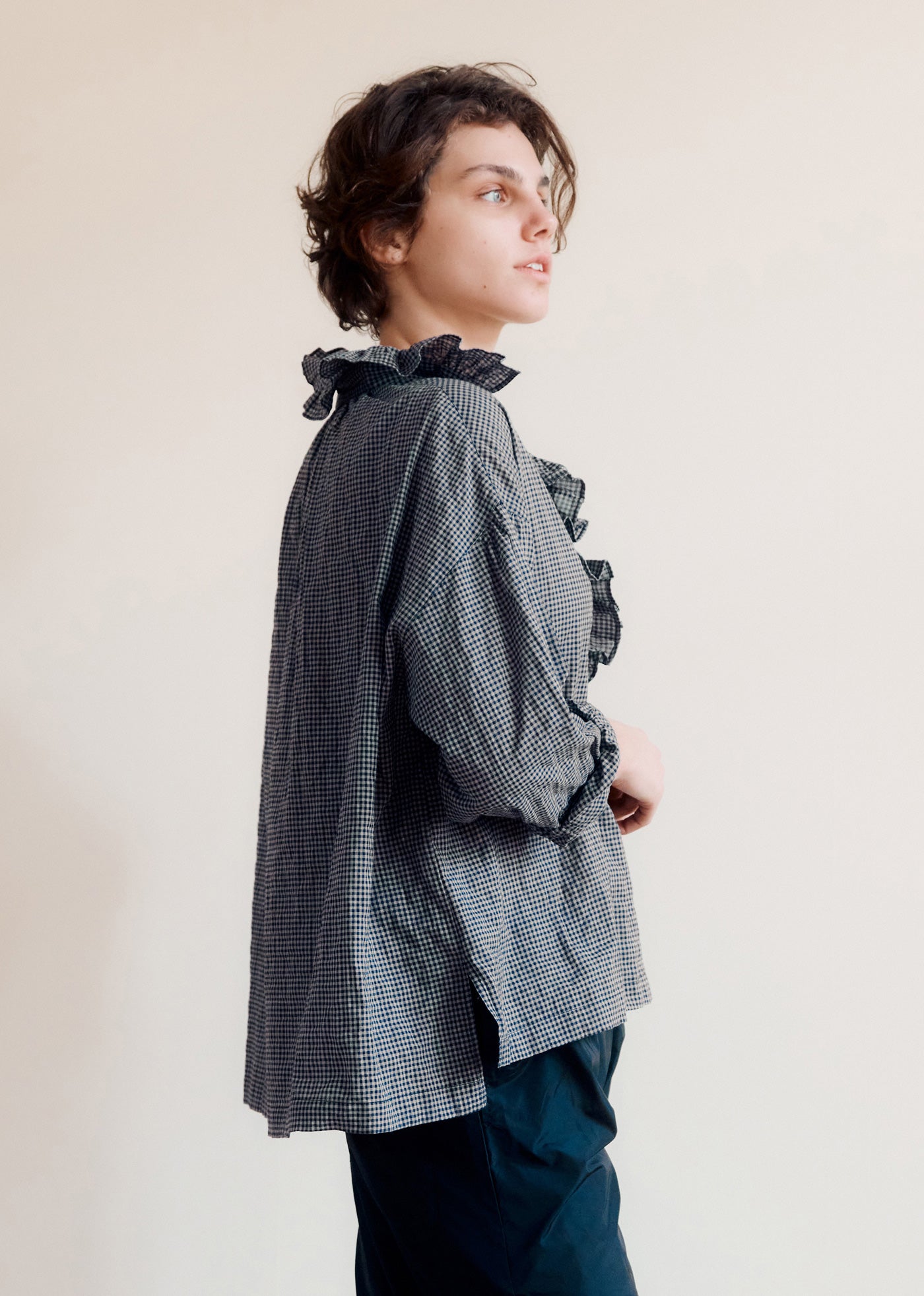 WOMEN'S COTTON FRILL BLOUSE  - BLACK/ GREY CHECK