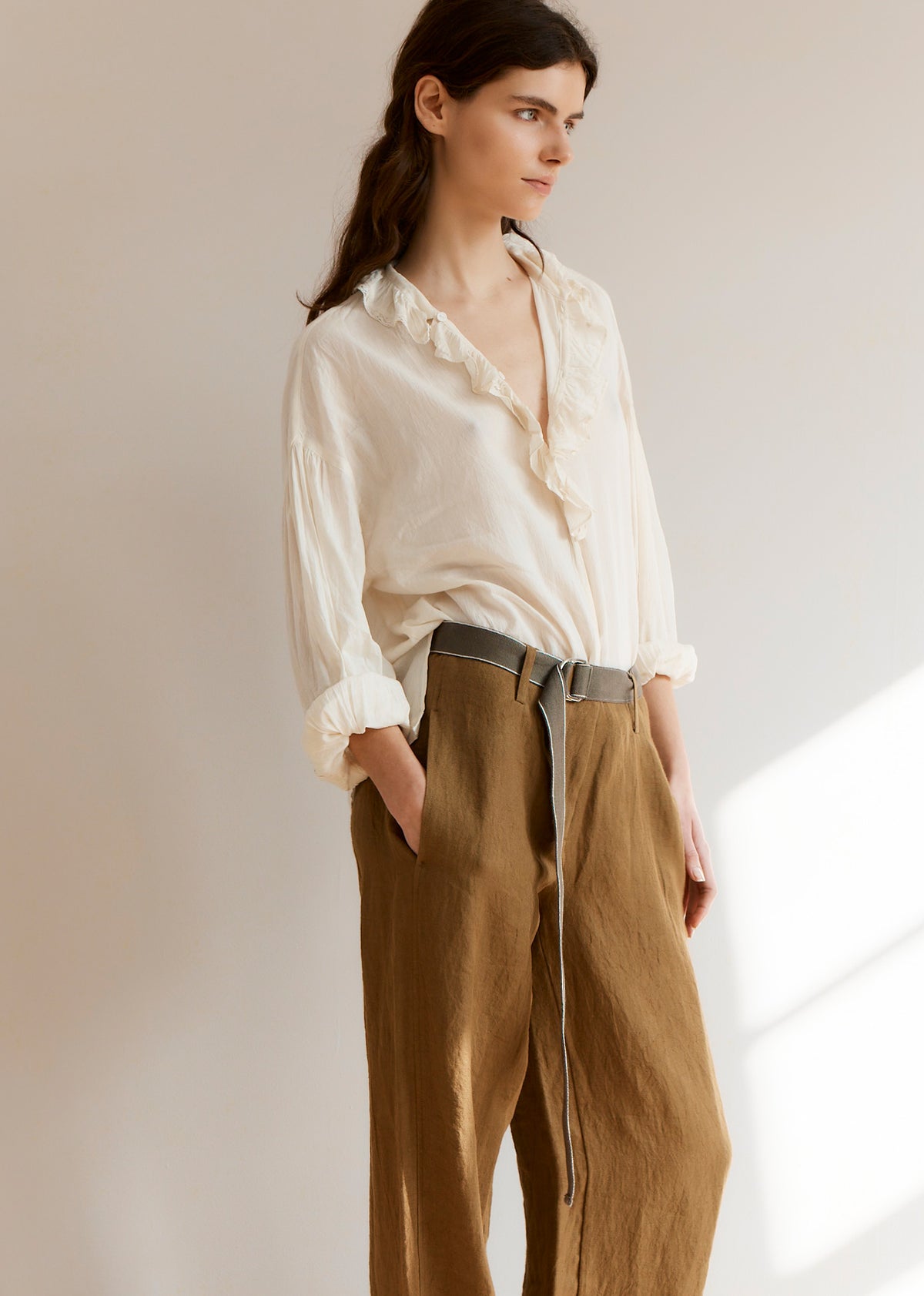 WOMEN'S WIDE LEG LINEN TROUSERS - TOFFEE