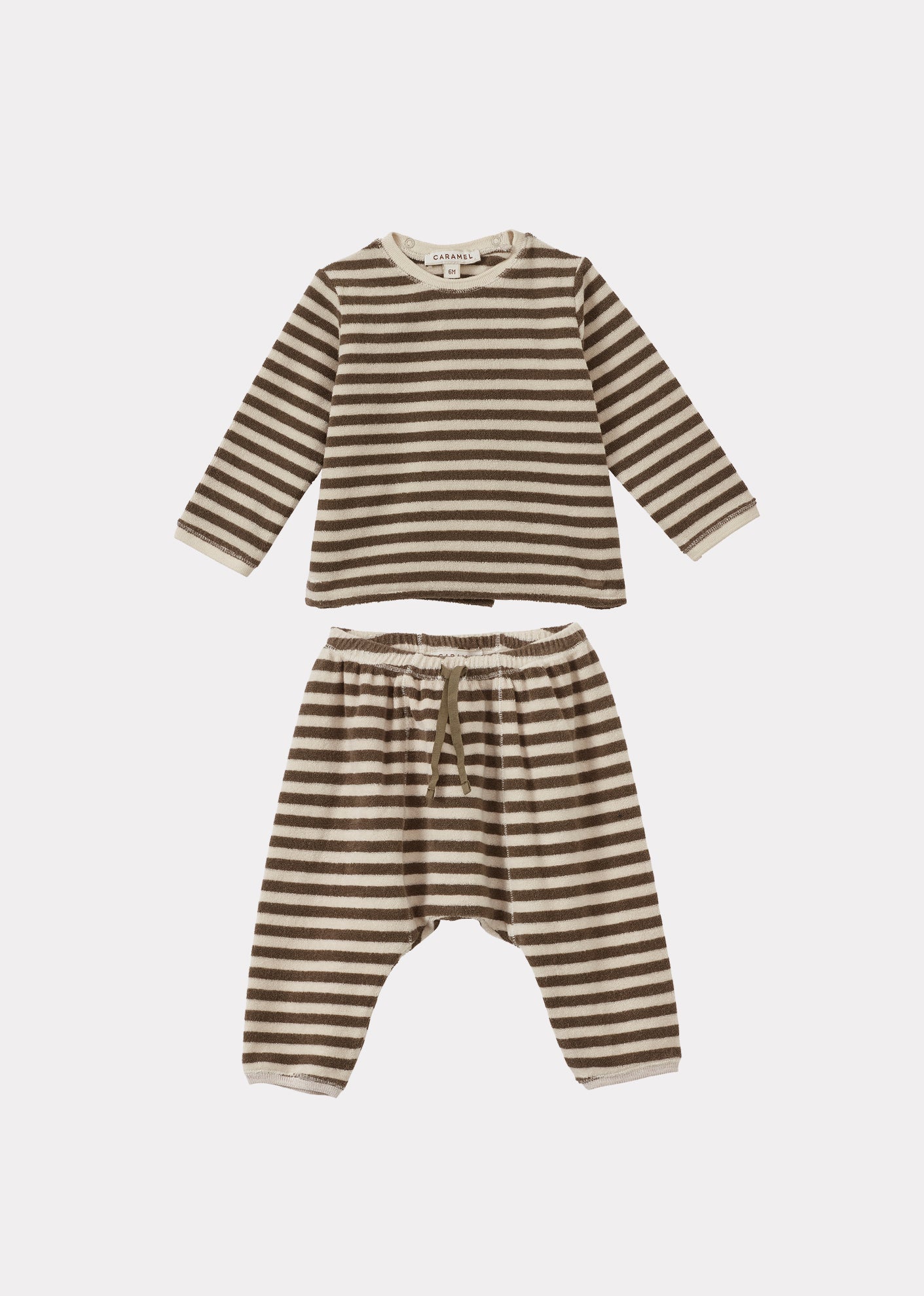 BARNES BABY T-SHIRT AND TROUSERS TOWELLING SET - KHAKI AND ECRU STRIPE