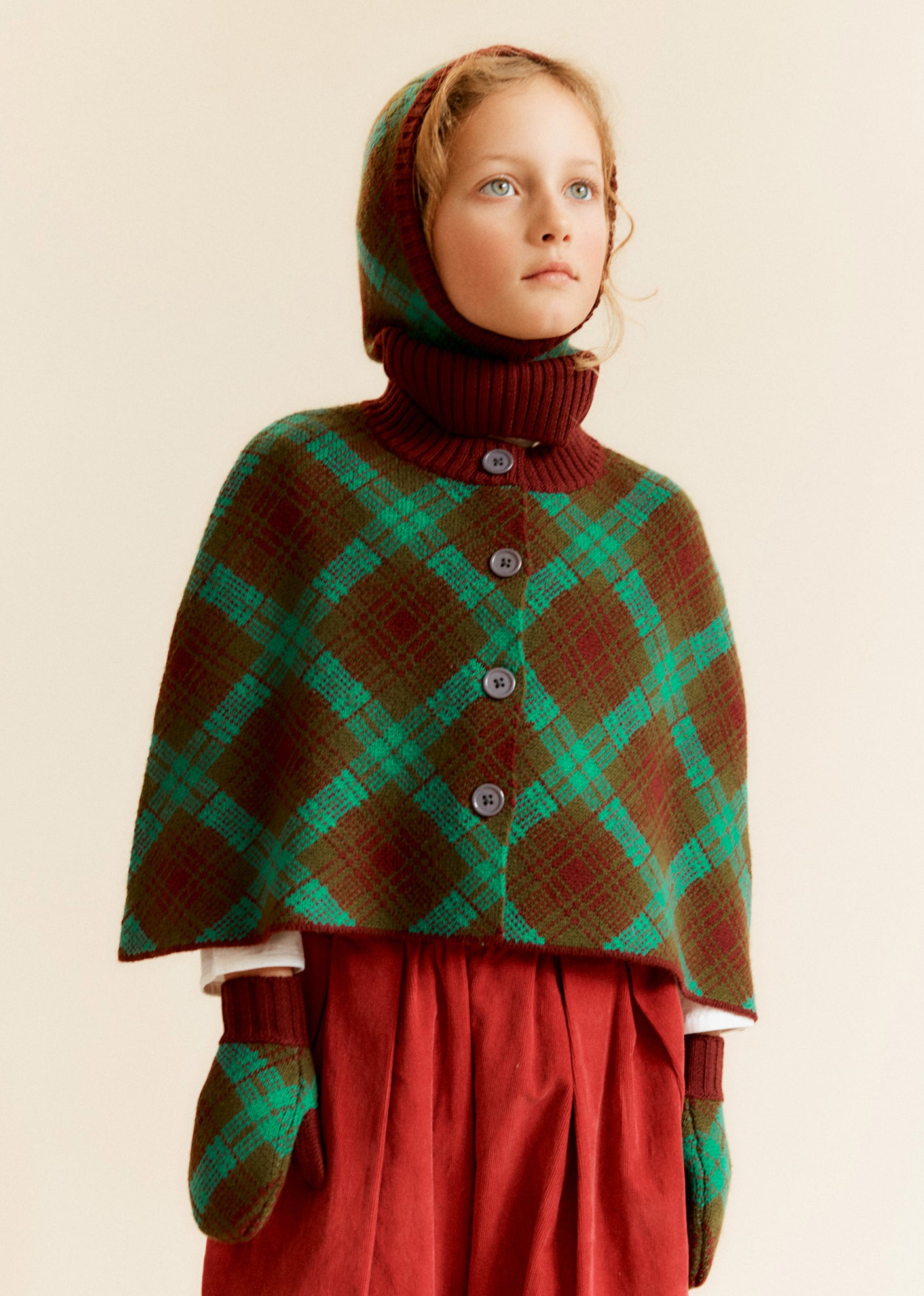 ASPEN CHILDREN'S MERINO WOOL CAPE - KHAKI / BURGUNDY - GREEN