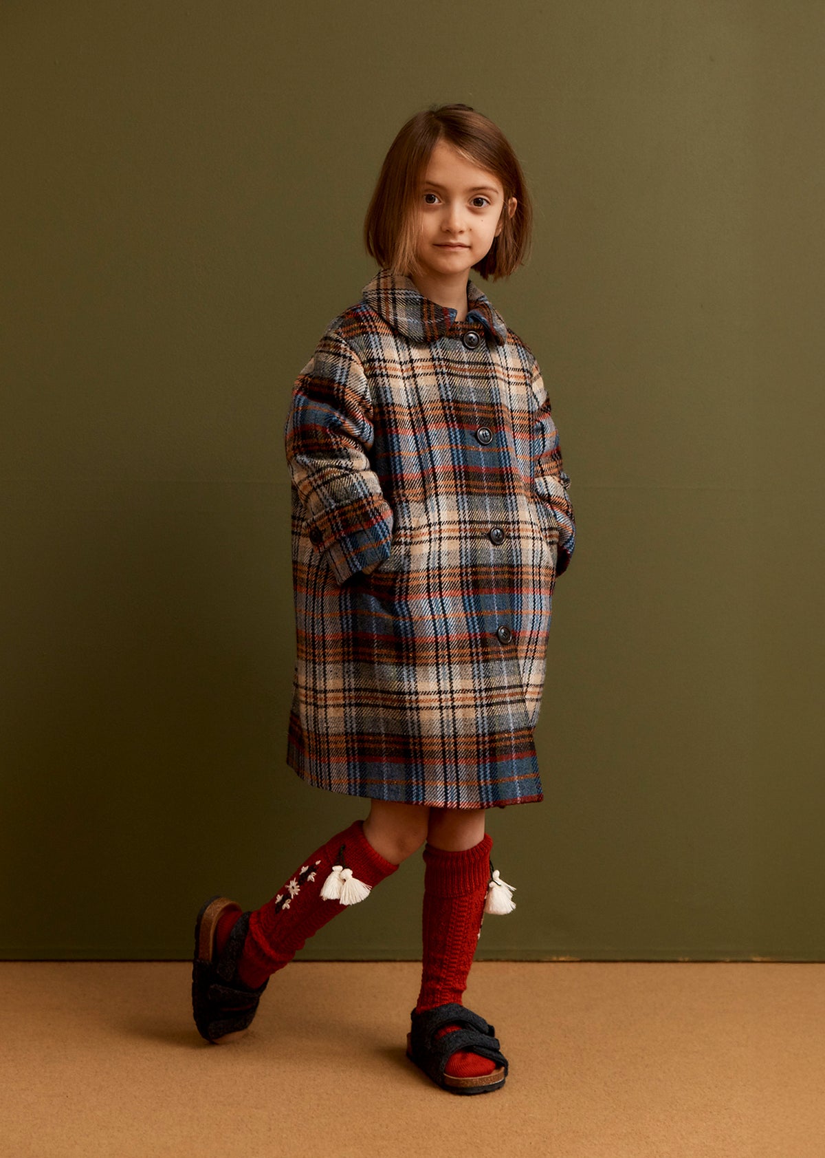 EVEREST CHILDREN'S WOOL COAT - SAND BLUE CHECK