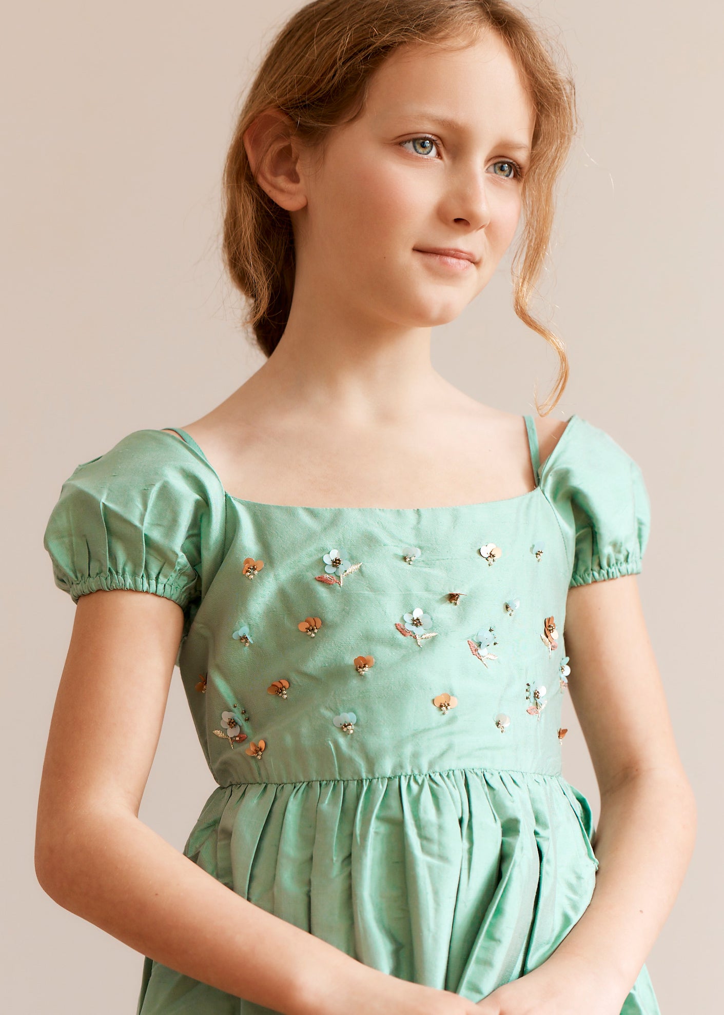 GARDA GIRL'S SILK TAFFETA DRESS - DUCK EGG