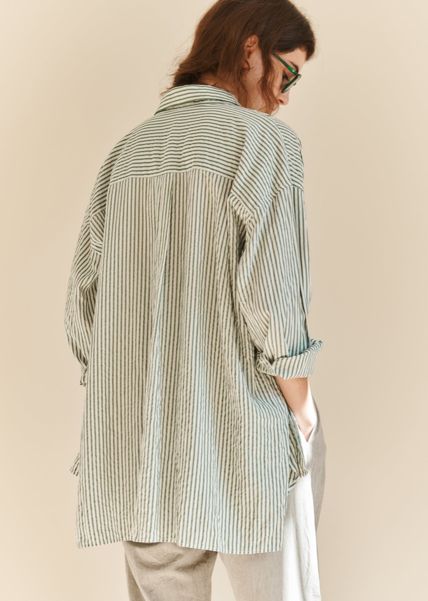 WOMEN'S A-LINE SHIRT - GREEN STRIPE