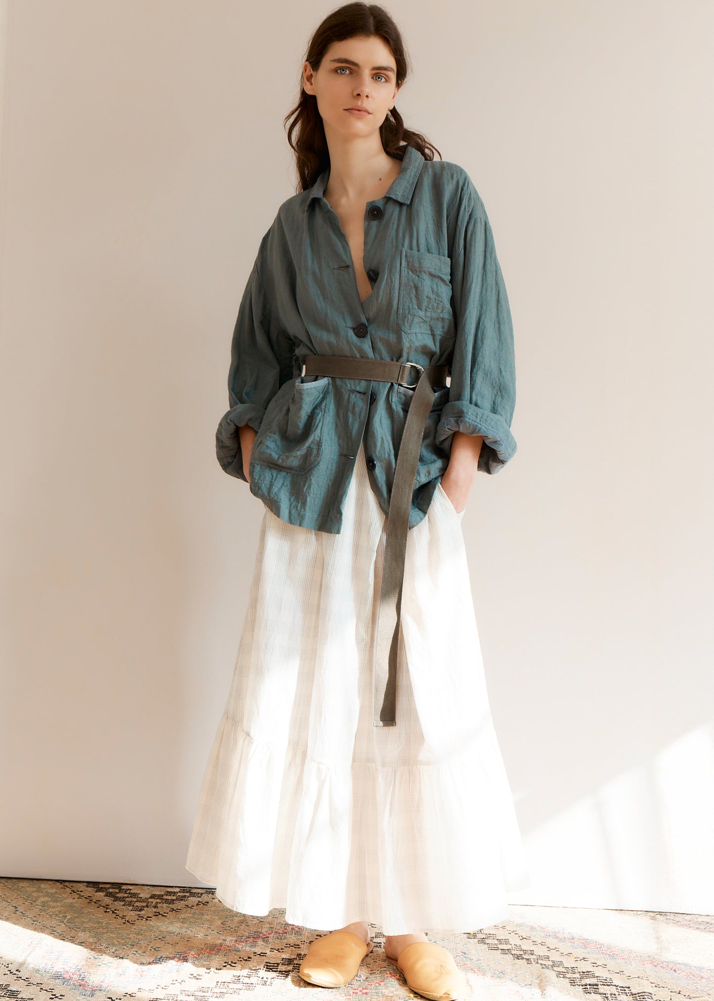 WOMEN'S PLEATED FRILL COTTON SKIRT - ECRU / GREY CHECK