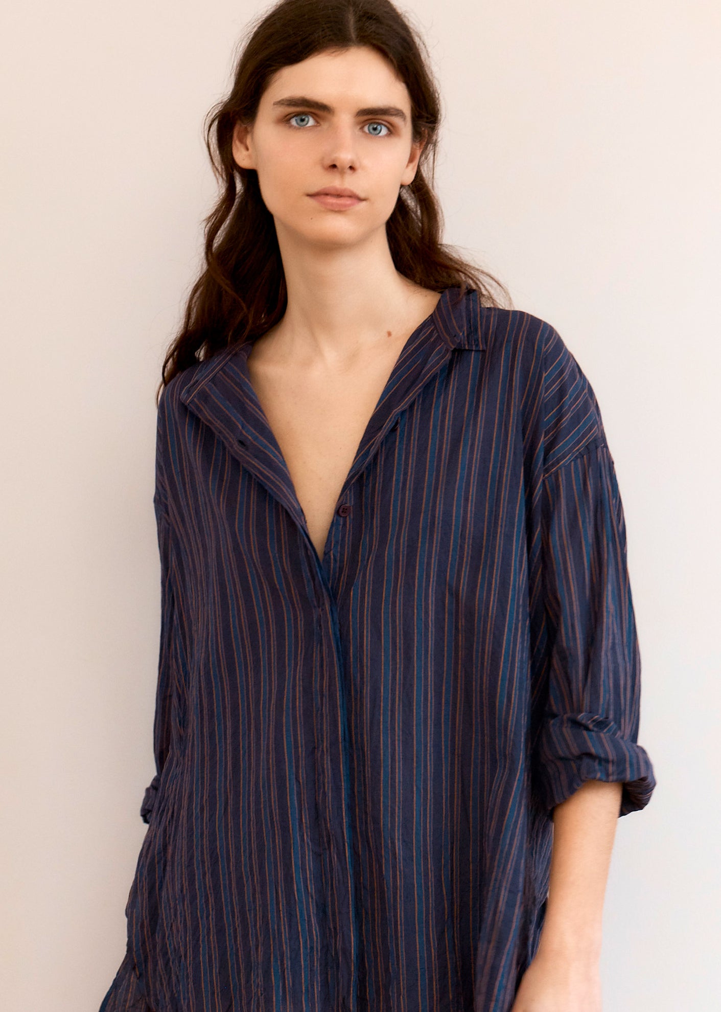 WOMEN'S A-LINE COTTON SHIRT - AUBERGINE STRIPE