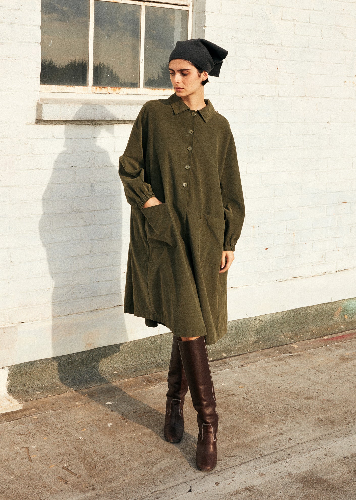WOMEN'S FLARED SHIRT DRESS - OLIVE