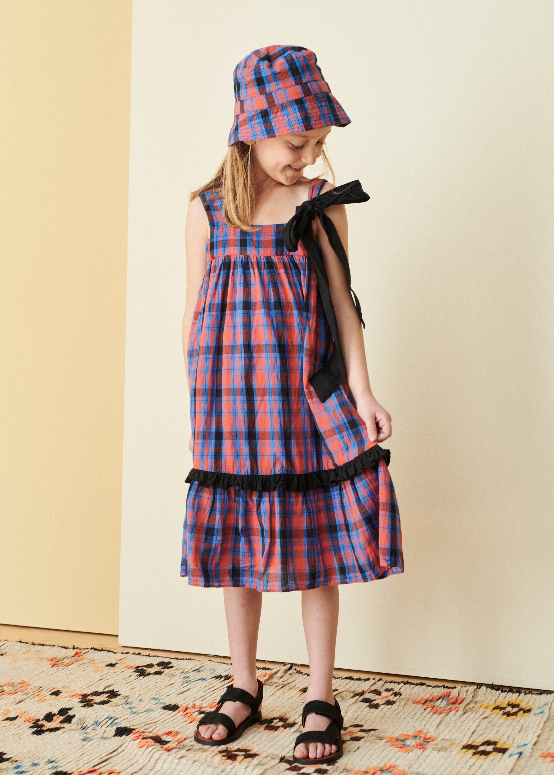 Caramel Luxury Peony Girl's Cotton Dress - Red / Blue Check Caramel Luxury Peony Girl's Cotton Dress - Red / Blue Check