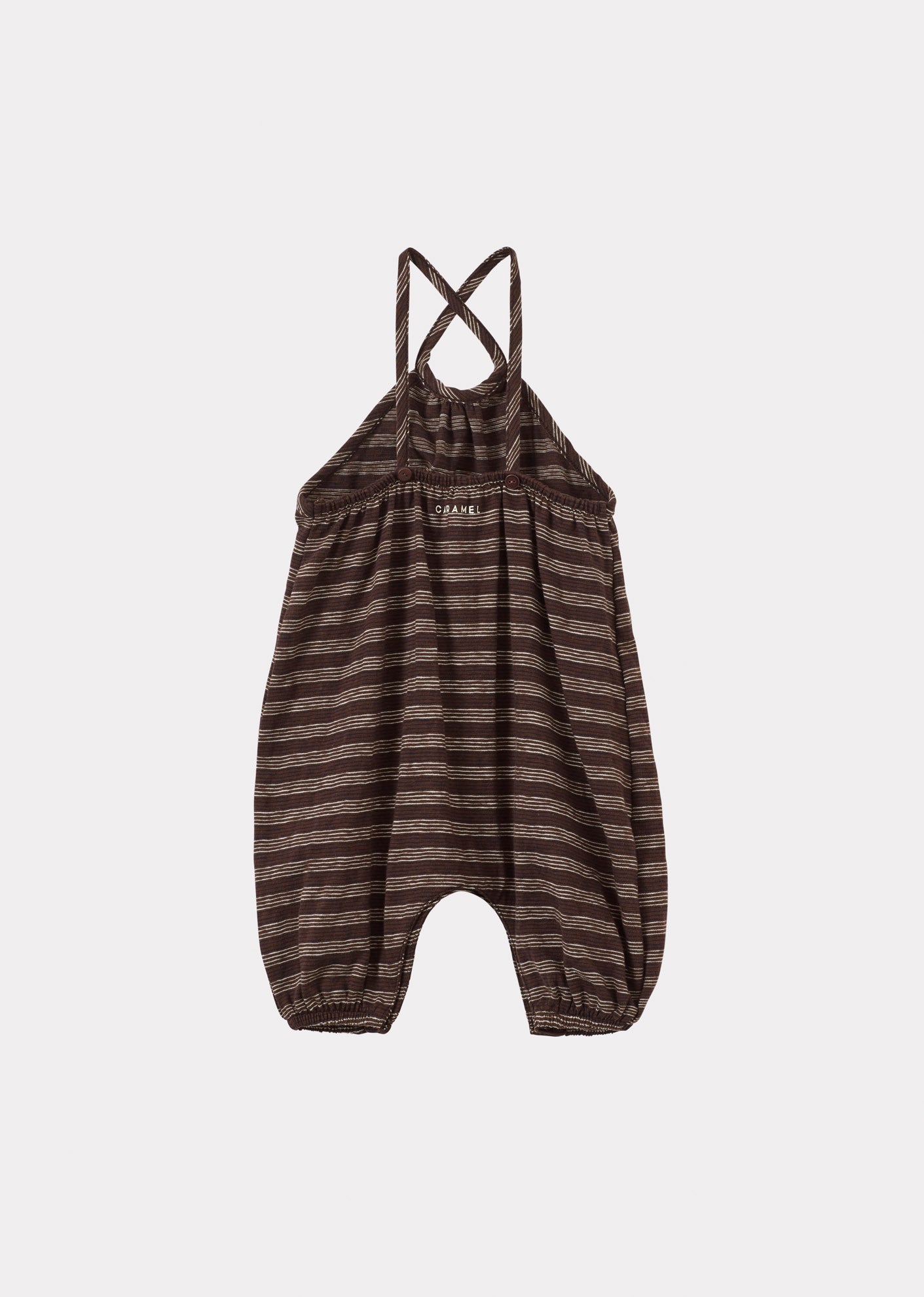 ELODIE BABY COTTON ROMPER - BROWN / NAVY / ECRU STRIPE - BACK
