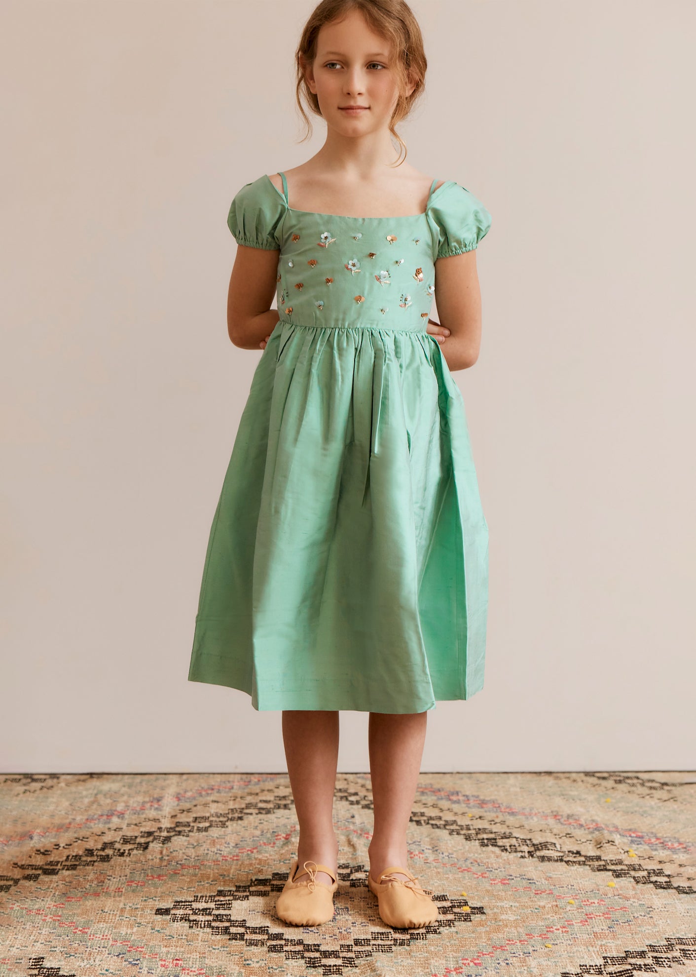 GARDA GIRL'S SILK TAFFETA DRESS - DUCK EGG