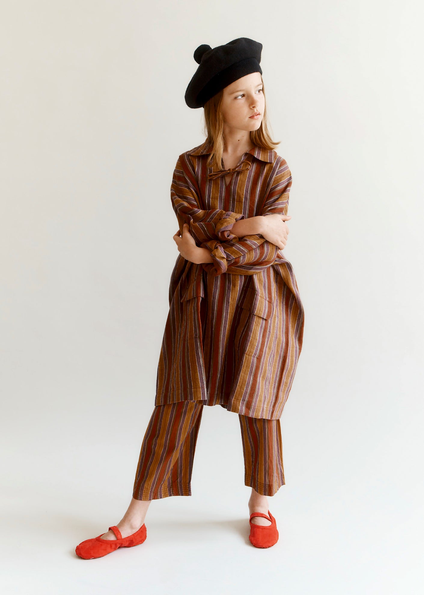 TOMATO GIRL'S COTTON DRESS - BROWN MULTI-STRIPE